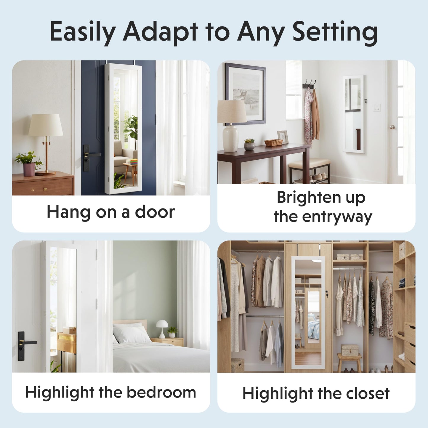 HealSmart 6 LEDs Mirror Jewelry Cabinet, Wall or Door Mounted Full Length Mirror with Storage, 47.2-Inch Tall, Lockable Jewelry Mirror Organizer, Ideal Gift