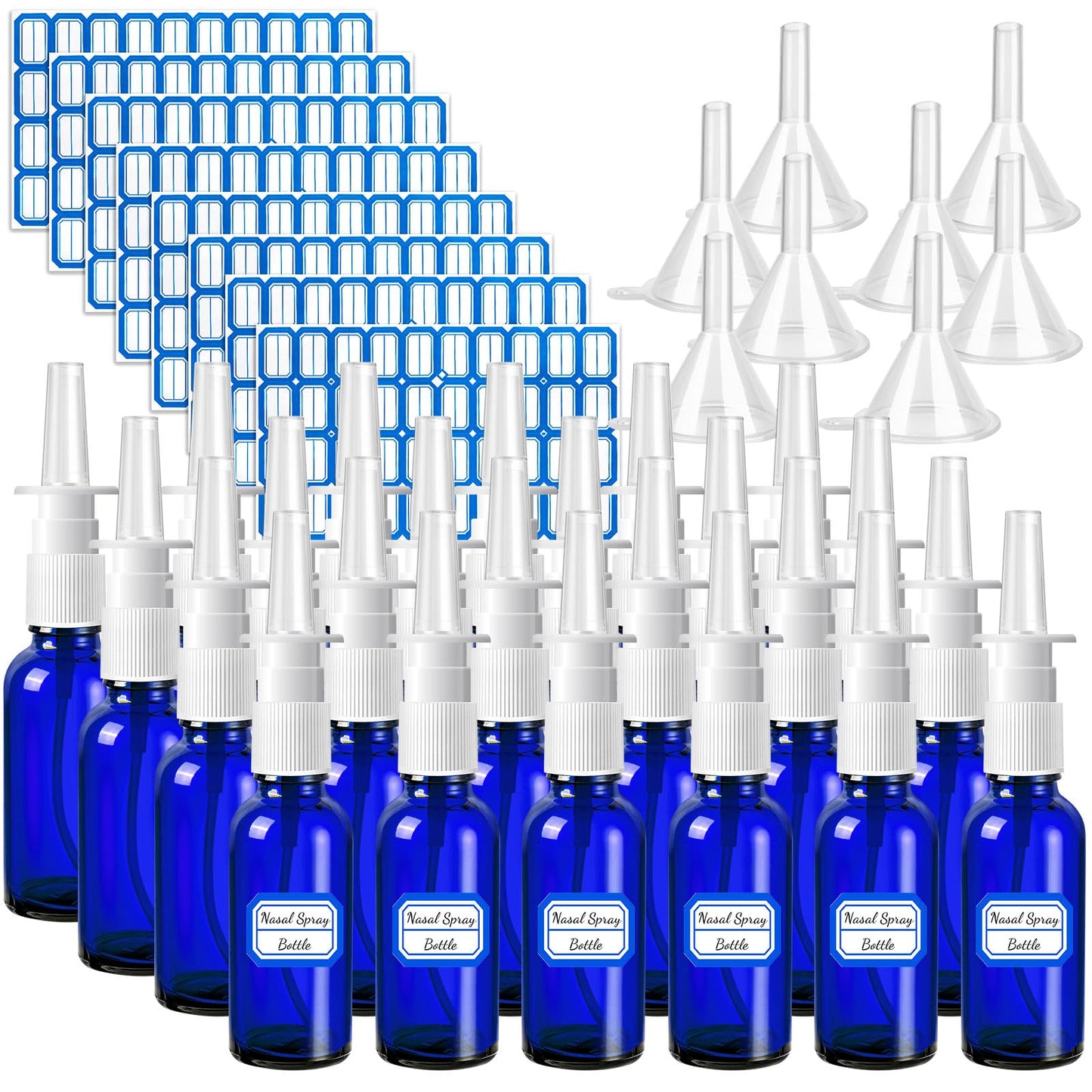 ZHWKMYP 40 Pcs Nasal Spray Bottles, 30ML/1oz Blue Glass Refillable Fine Mist Empty Nasal Spray Bottle with 8 Funnels and 8 Labels