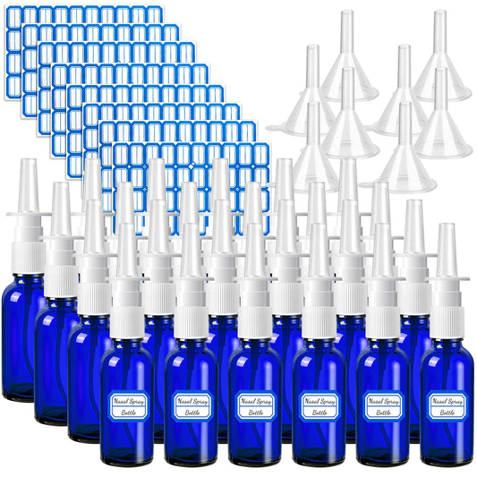 ZHWKMYP 40 Pcs Nasal Spray Bottles, 30ML/1oz Blue Glass Refillable Fine Mist Empty Nasal Spray Bottle with 8 Funnels and 8 Labels