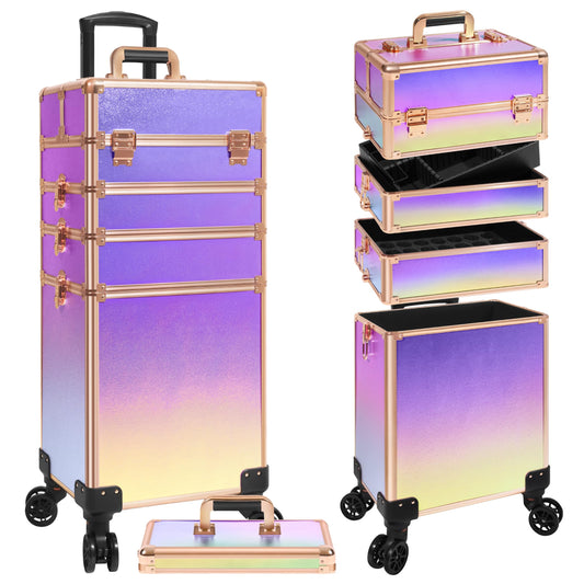 JINGUAN Professional Rolling Makeup Train Case with Lid, 5 in 1 Cosmetology Case on Wheels, Large Cosmetic Trolley Organizer Travel for Hairstylist Artist Nail Beauty Salon Barber, Colorful