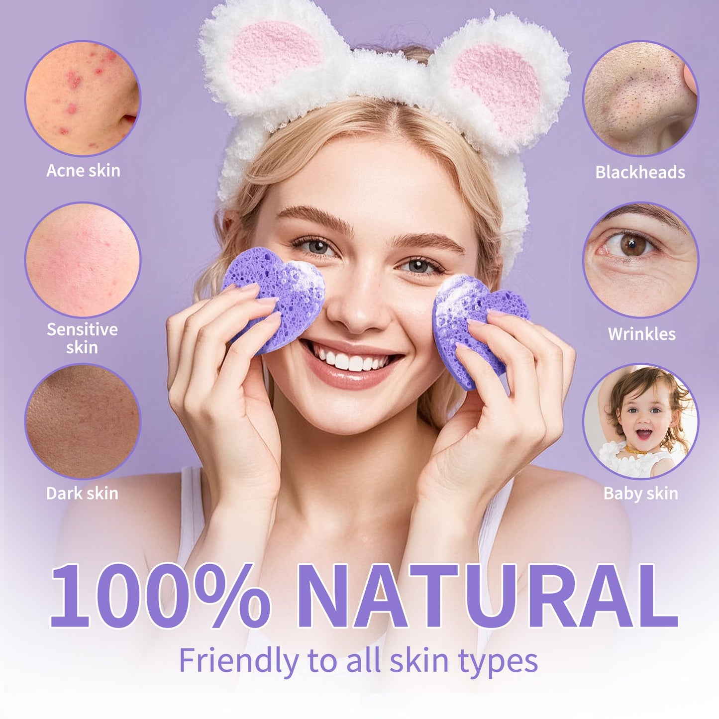 100-Count Compressed Facial Sponges, Heart Shape Face Sponge for Cleansing, Natural Cosmetic Spa Sponges for Facial Cleansing, Exfoliating Mask (Purple Heart Sponges)