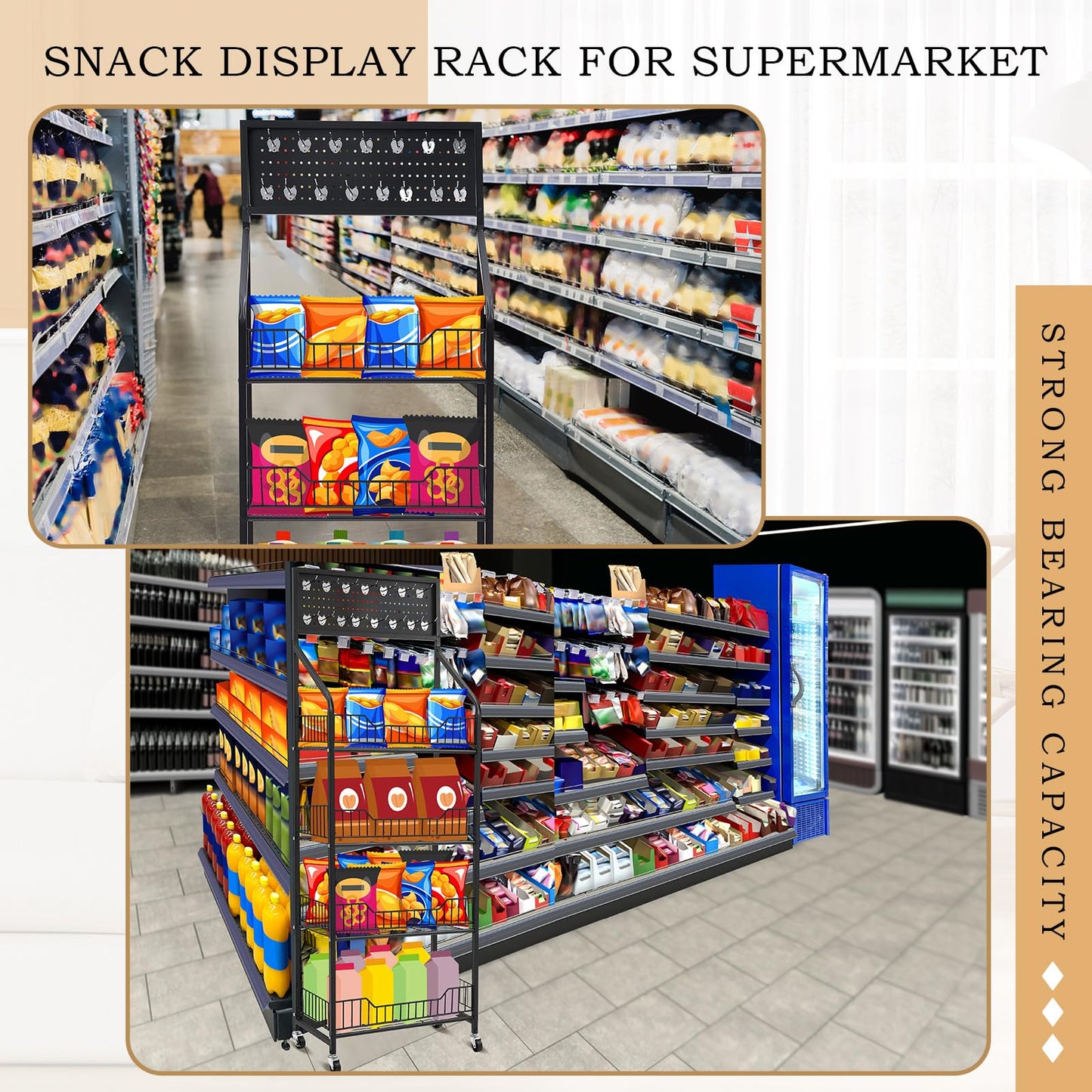 DoubleFill 1 Set 4 Tier Retail Display Rack Shelf Cart with Wheels and 15 Hook Heavy-Duty Metal Snack Potato Chip Display Organizer Concession Stand for Supermarket Grocery Store Home Black