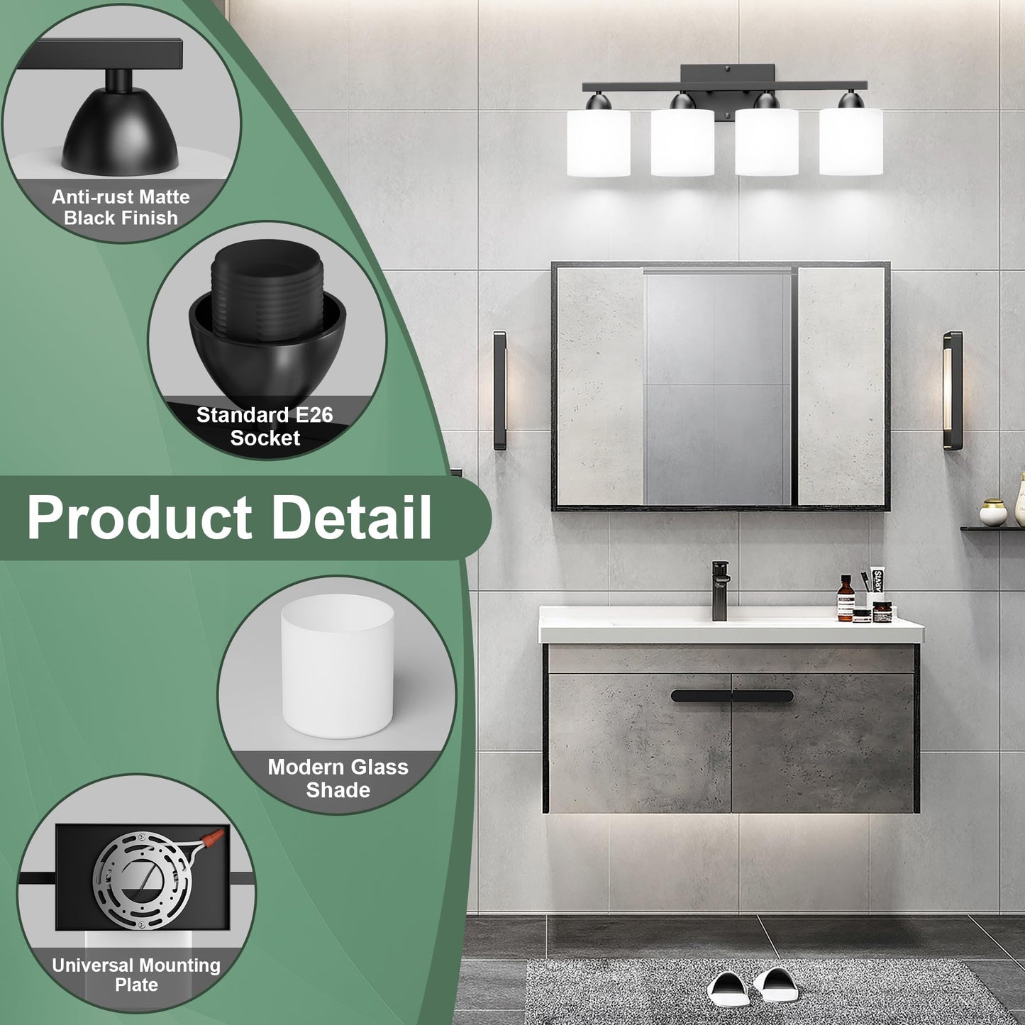 Dekang Black Bathroom Lighting Fixtures Over Mirror, 4-Light Anti-Rust Vanity Light for Bathroom, 24Inches Modern Wall Sconce, Standard E26 Base, Milky White Glass Shades, Bulbs Not Included