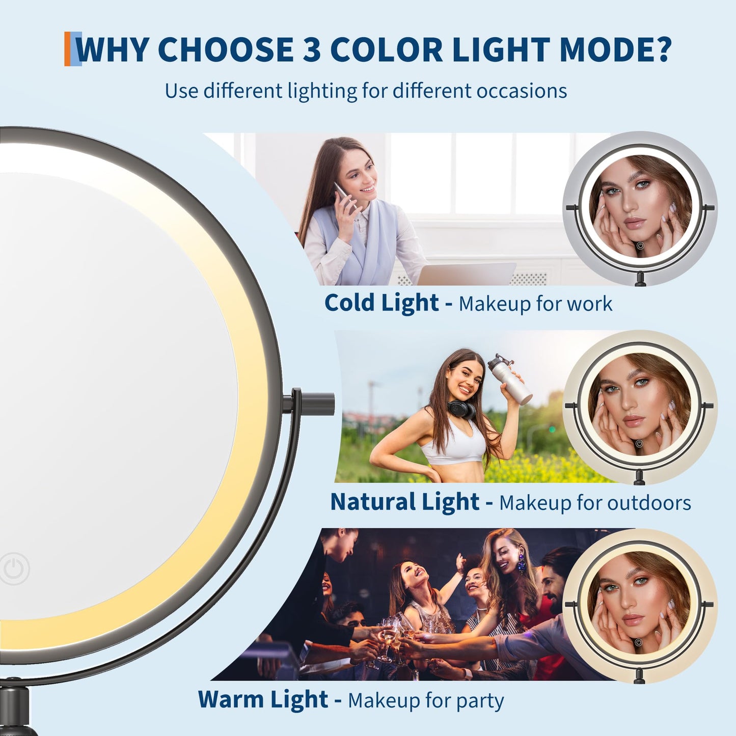 Garvee Lighted Makeup Mirror, Rechargeable Height Adjustable Double Sided Mirror, 1x/10x True HD Magnifying with 3 Color, Brightness Adjustable, 360° Rotation Vanity, Gift for Women, Black