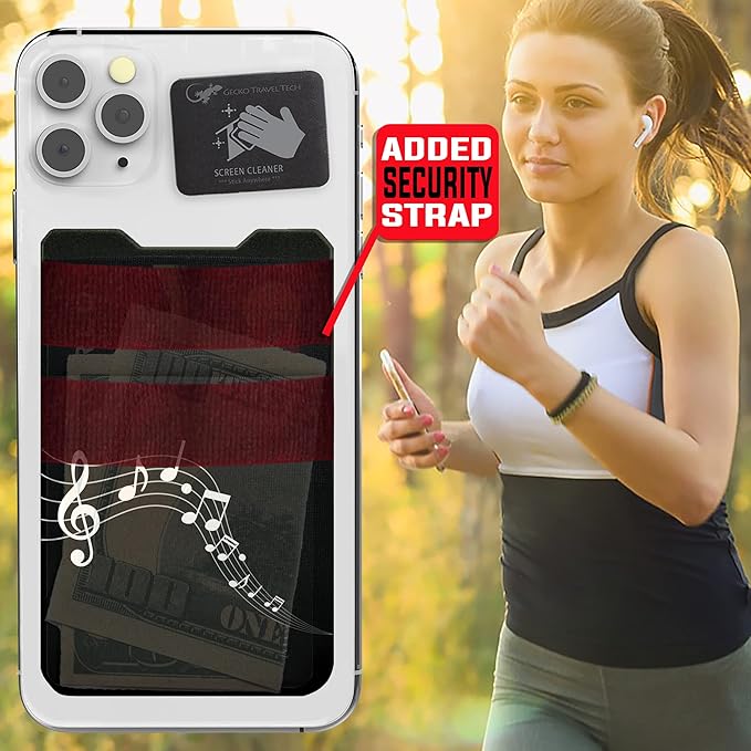 Gecko Travel Tech Double Pocket - Adhesive Card Holder - Cell Phone Pouch - Stick on Spandex Pocket - Carry Credit Cards and Cash - MUSIC