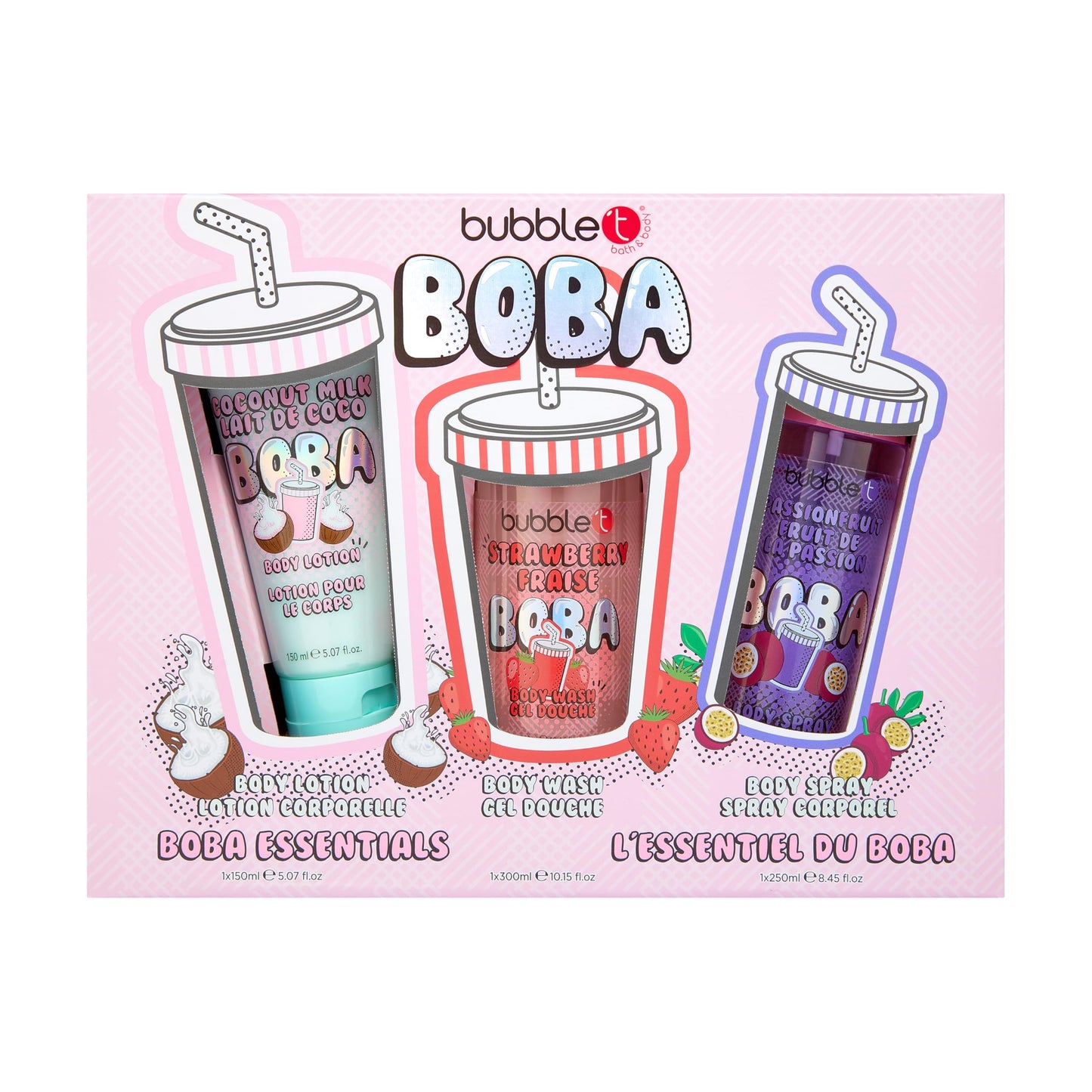 Bubble T Cosmetics Essentials Bath and Body Set, Coconut Milk Body Lotion, Strawberry Body Wash, Passion Fruit Body Spray, 3 Piece Gift Set