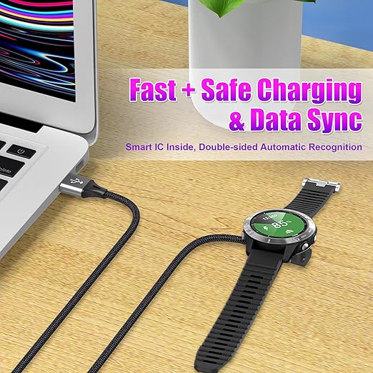 AGVEE 1.5ft Short Charger for Garmin Watch, L-Shape Charging Cable for Fenix, Forerunner, Vivoactive, Instinct, Venu, Tactix, Approach, D2, Quatix Series, Right Angle Braided, Dark Gray