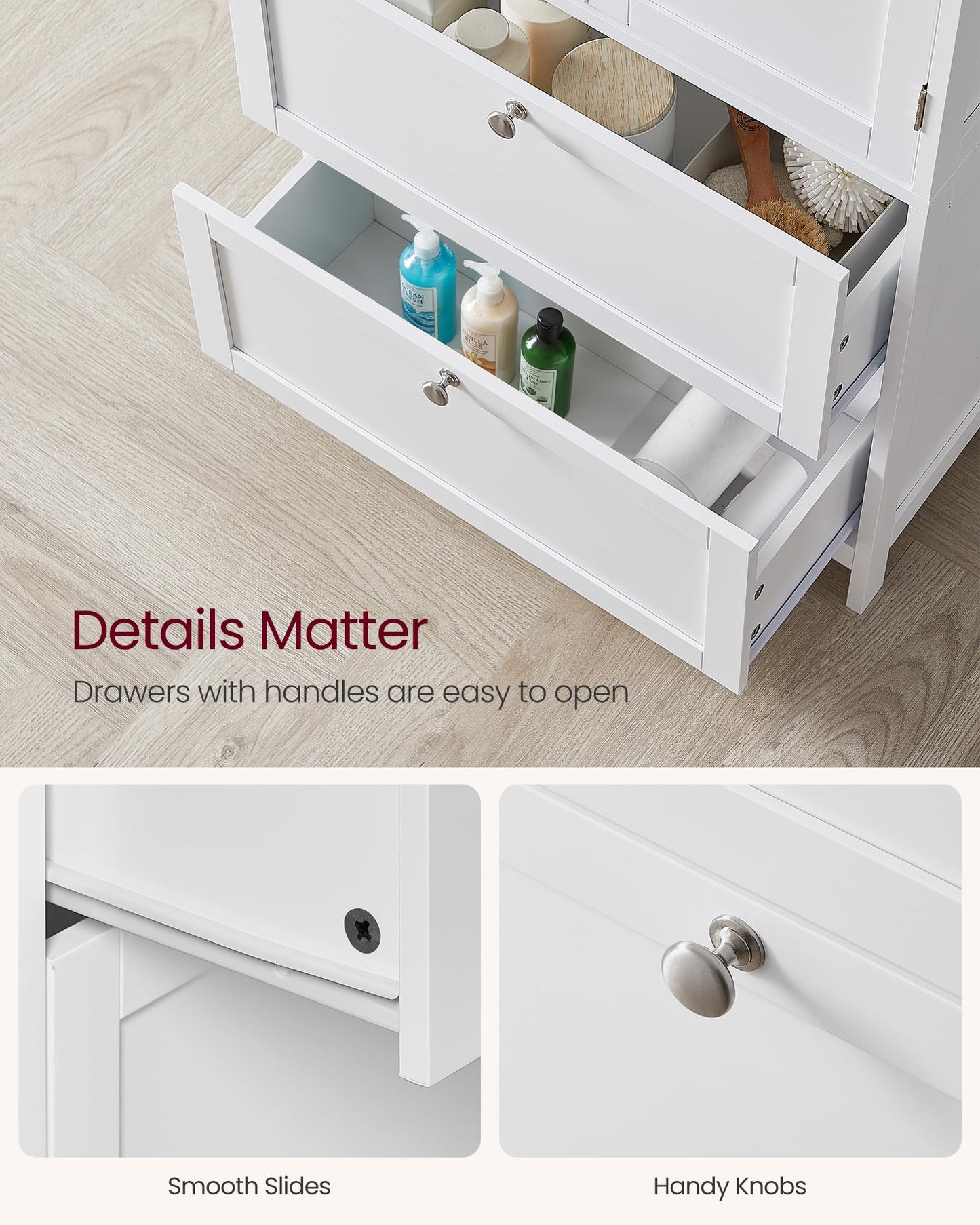 VASAGLE Bathroom Floor Storage Cabinet, Bathroom Storage Unit, Freestanding Cabinet with 2 Drawers and 2 Doors, Adjustable Shelf, 11.8 x 23.6 x 43.3 Inches, White UBBC551WH01S