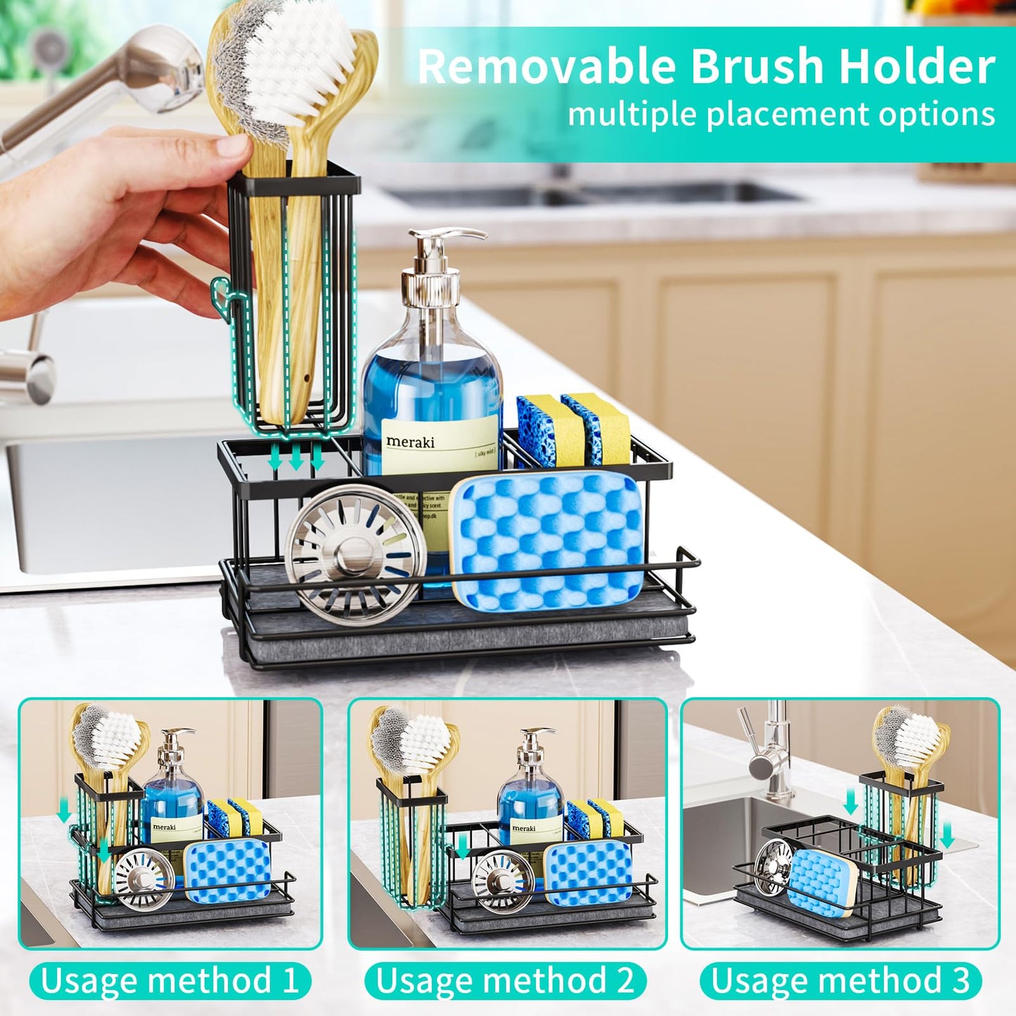HapiRm Sink Caddy Sponge Holder - Kitchen Sink Organizer with Instant Drying Stone and Brush Holder, Stainless Steel Bathroom Counter Organizer - Black