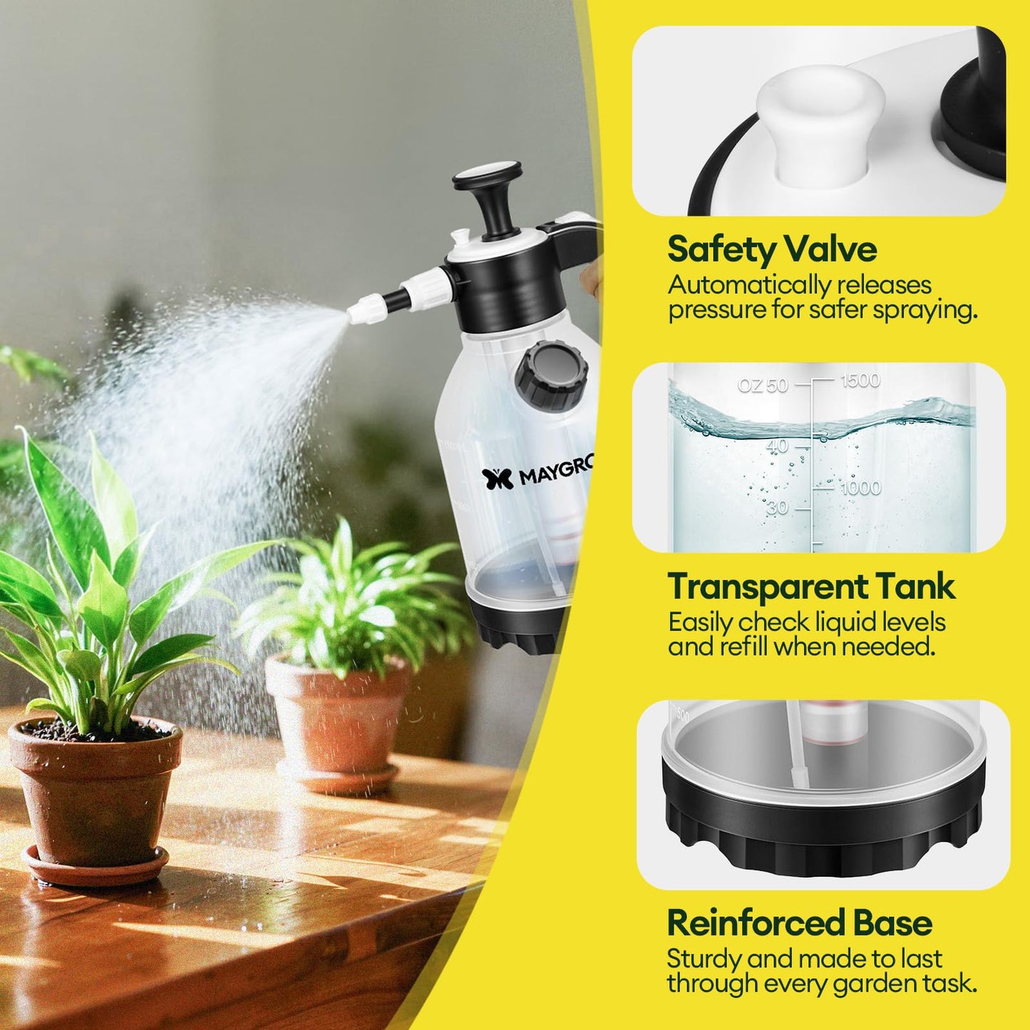 MAYGROVE 50oz Pump Sprayer, Hand Water Spray Bottle for Indoor Plant, Clear Plant Sprayer with Side Filling Port, Measuring Cup, Adjustable Nozzles, Safe Pressure Relief Valve