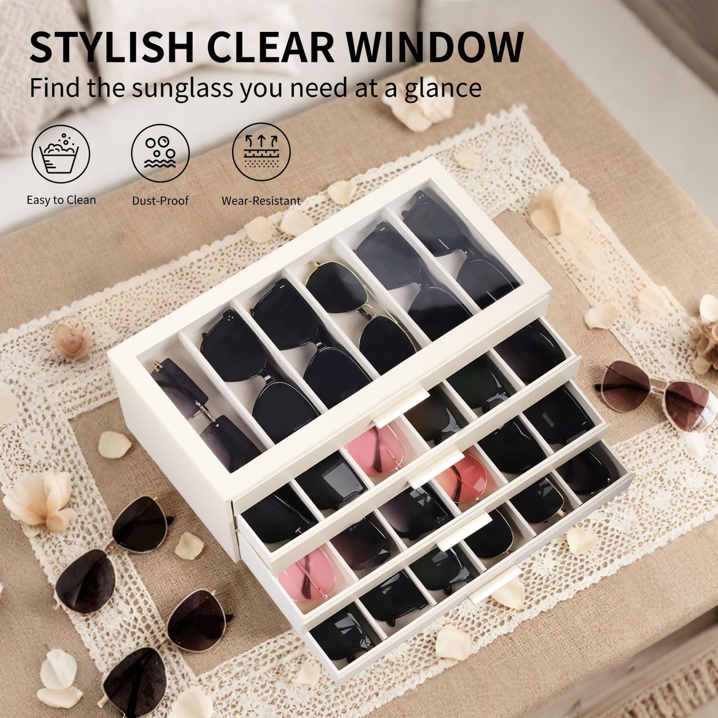 AUTORK PU Leather Sunglasses Organizer Case with Lock,4-Layer 24-Slot Eyeglass Display Box with Drawer,Glass Top Jewelry Storage Holder for Men Women,Ideal Gift for Desktop,Beige,MKAWC02