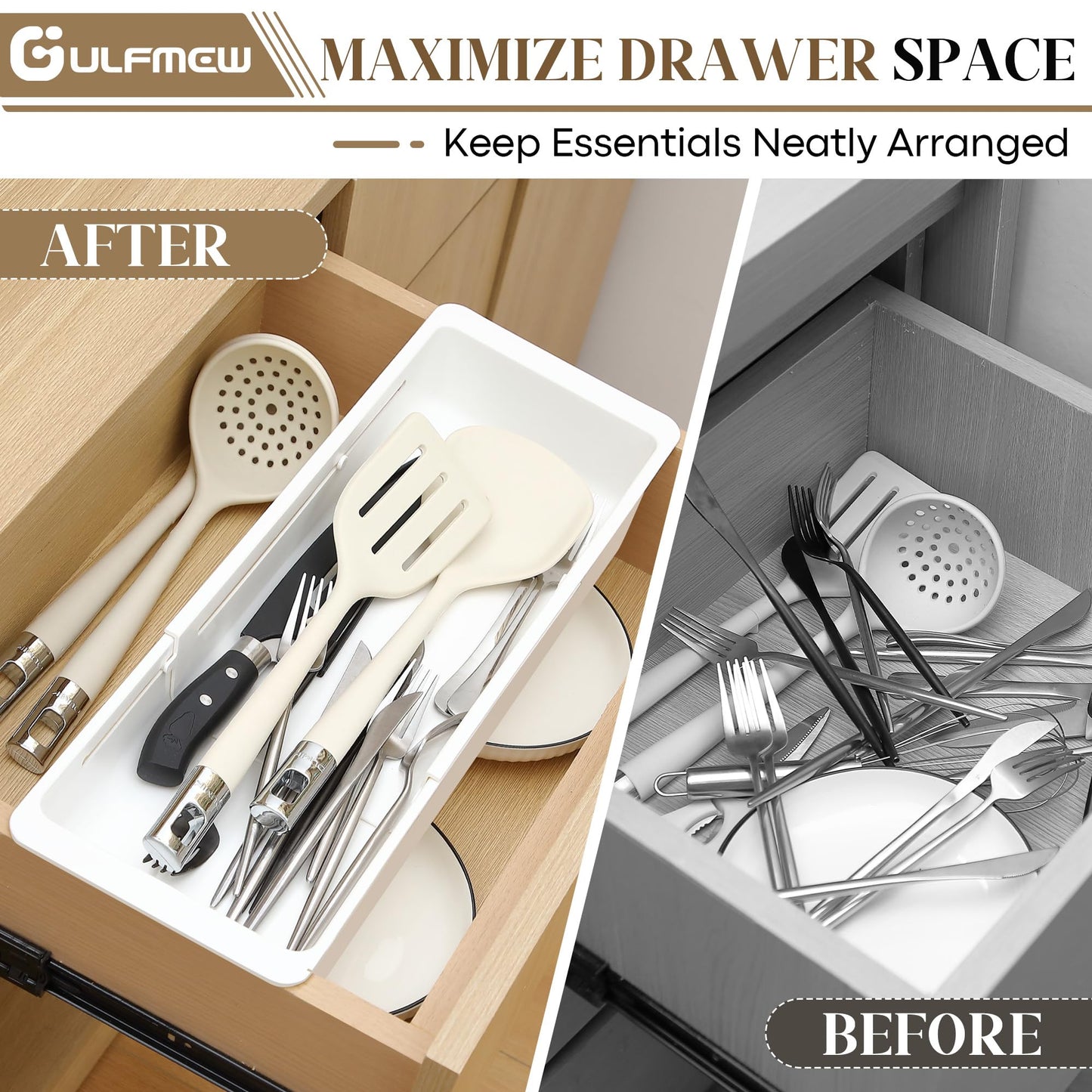 Gulfmew 2 Pack Deep Drawer Organizer Bins, Sliding Drawer Organizer Bin Expandable and Adjustable Tray for Kitchen Utensils, BBQ Tools, Towels, Durable Plastic Sliding for Easy Storage(17.4-27.6")
