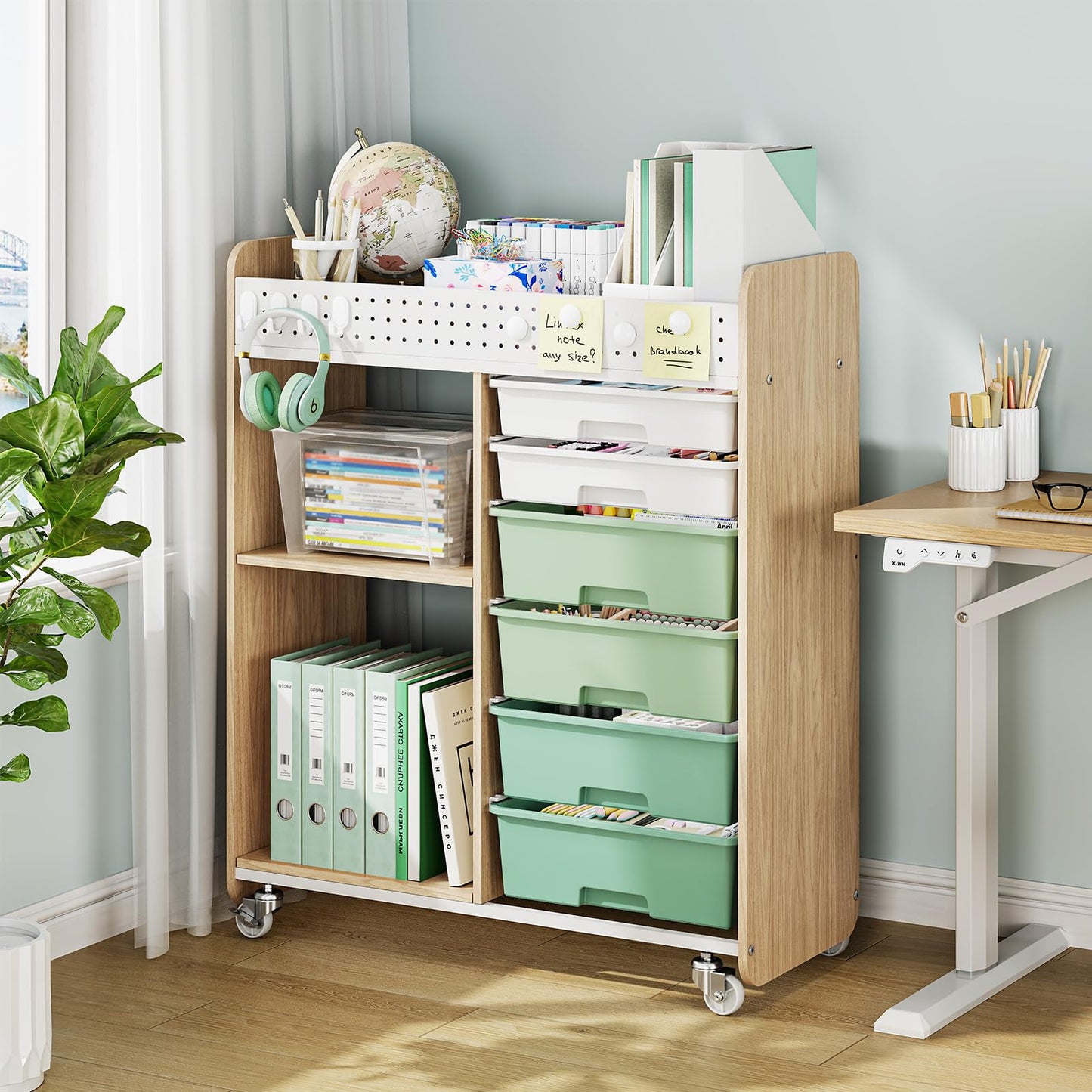 Rolling Storage Cart with Top Pegboard and 6 Drawers, Mobile Utility Cart on Wheels with Locking Brakes, Craft Organizer Lateral File Cabinet for Home, Office and Craft Room – Wood Frame(Green)