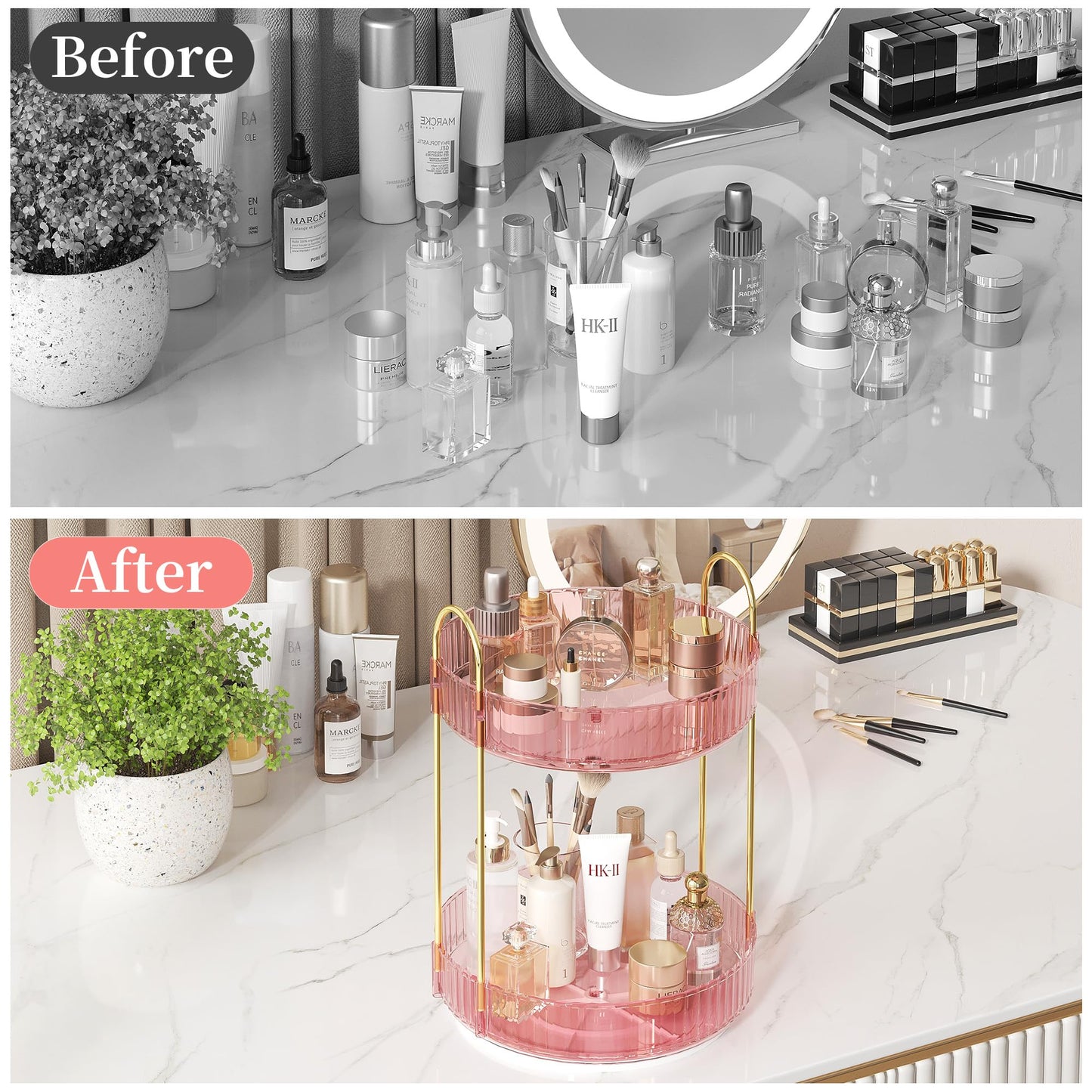 Rotating Makeup Organizer Countertop,Skincare Organizers,Spinning Perfume Tray Stand,Makeup Storage Organizer for Vanity,Bathroom Organizer and Storage,Lazy Susan,2 Tier,Pink