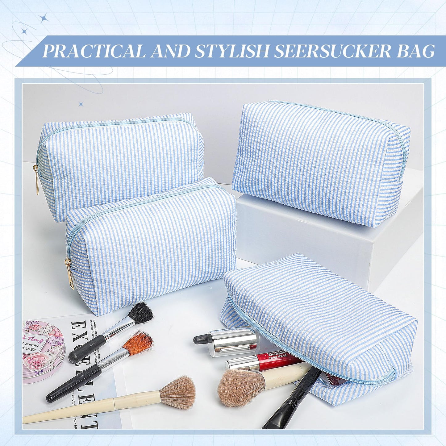 Sanwuta 6 Pcs Seersucker Cosmetic Bags Bulk Seersucker Makeup Bags Stripe Women Pouch Large Preppy Storage Pouch Toiletry Travel Organizer for Wedding Bridesmaid Bride Favor Mom Gift (Light Blue)