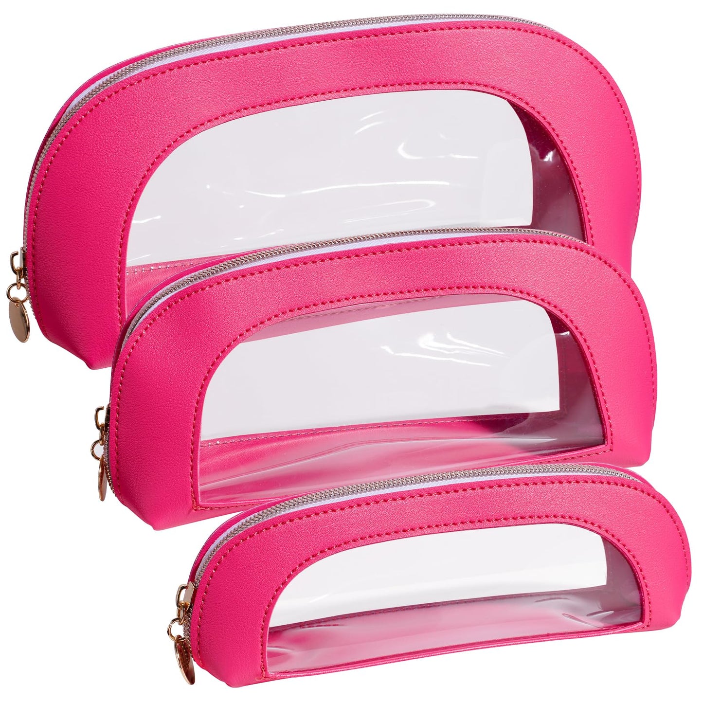 BS-MALL 3 Pcs Makeup Bag Set, Waterproof Travel Makeup Kit with Zippers, Lightweight Travel Bag for Makeup Brush Holder & Organizer, Fashionable Leather Case for Daily Use & Storage (Hot Pink)