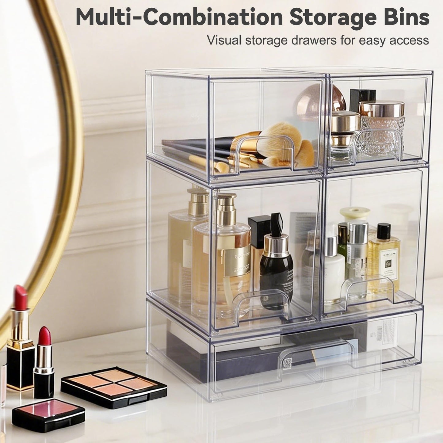 Hvygss Clear Stackable Storage Drawers, Pull-Out Makeup Organizer, Transparent Baby Bottle Organizer, Storage Bins Suitable for Vanity Tables, Bathrooms, Kitchens (5 Pack)