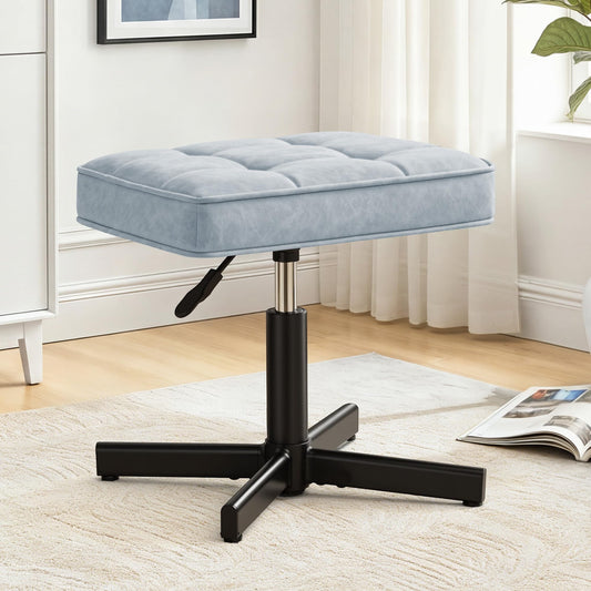 LUE BONA Adjustable Vanity Stool, 15''-19.5'' Foot Rest Under Desk, 360° Swivel Vanity Chair for Makeup Room, Blue Upholstered Faux Leather Ottoman for Bathroom & Living Room, 300lbs