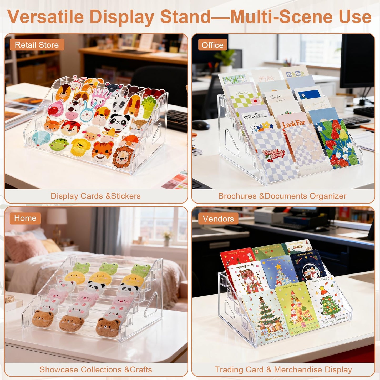 DUNPUTE 5 & 7 Tier Trading Card Display Stand, 12" Clear Acrylic Card Stands for Display, versatile Card Stands for Sports Cards, Graded & Greeting Cards, Postcards, Vendor Stickers, with Snap-On Assembly (Tall 5 Tier)