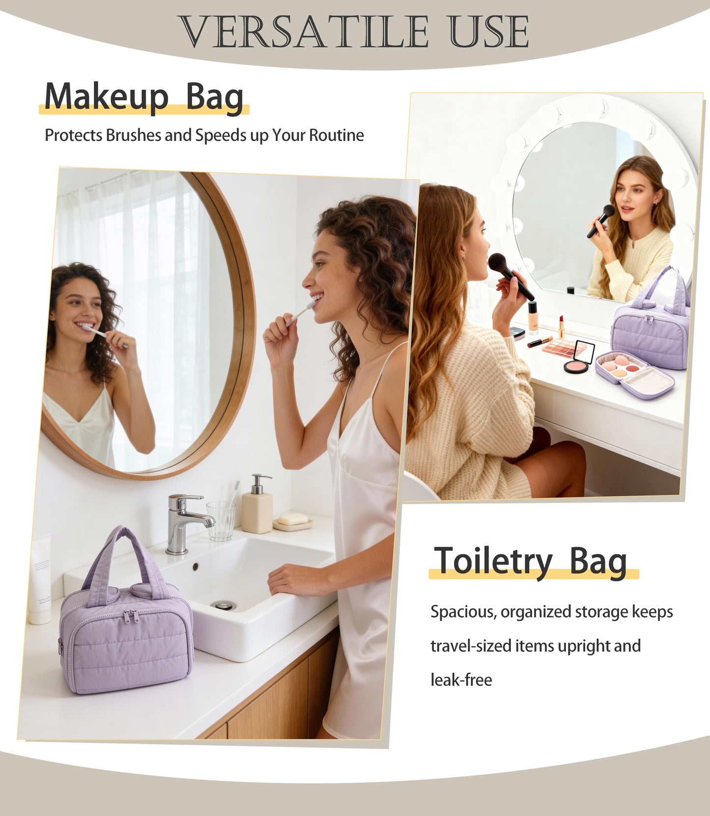 BUZFOWU Travel Toiletry Bag for Women, Large Wide-open Puffy Cosmetic Makeup Bag with Wet-Dry Separation, Multi-Pocket Organizer with Carry Handle for Toiletries, Cosmetics, Essentials, Light Purple