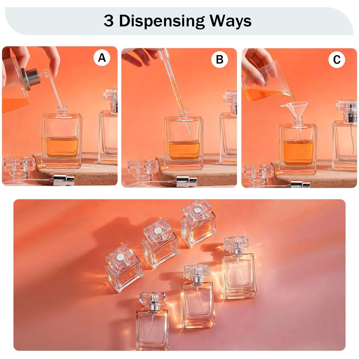 YU FENG Glass Perfume Spray Bottle Set, Refillable Fine Mist Atomizer for Fragrance, Daily Use & Organization – Square Glass, Silver Cap, 50ML, 6 Pack
