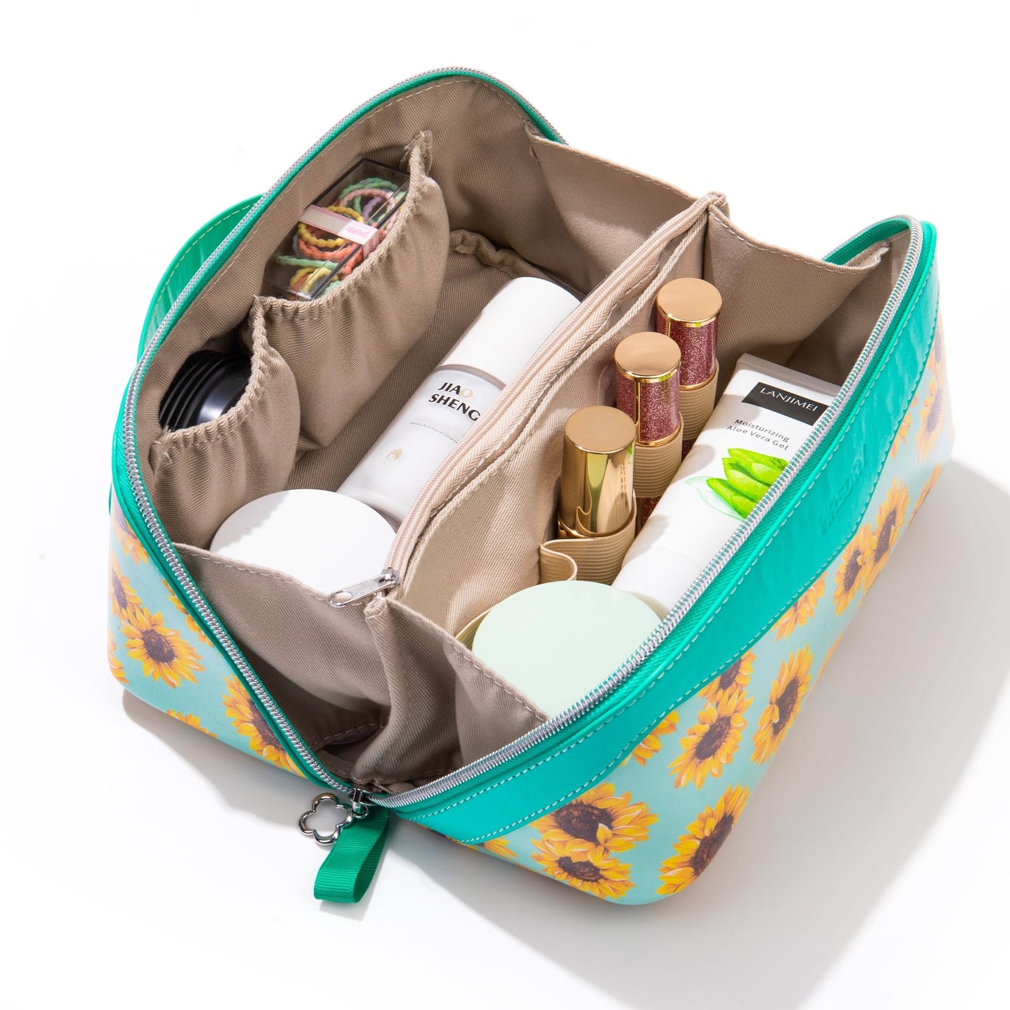 Mrsdry Travel Makeup Bag，Large-capacity waterproof cosmetic bag，Travel bags and toiletries bags for women，PU leather material，Multi-zone and large opening design (Sunflower)