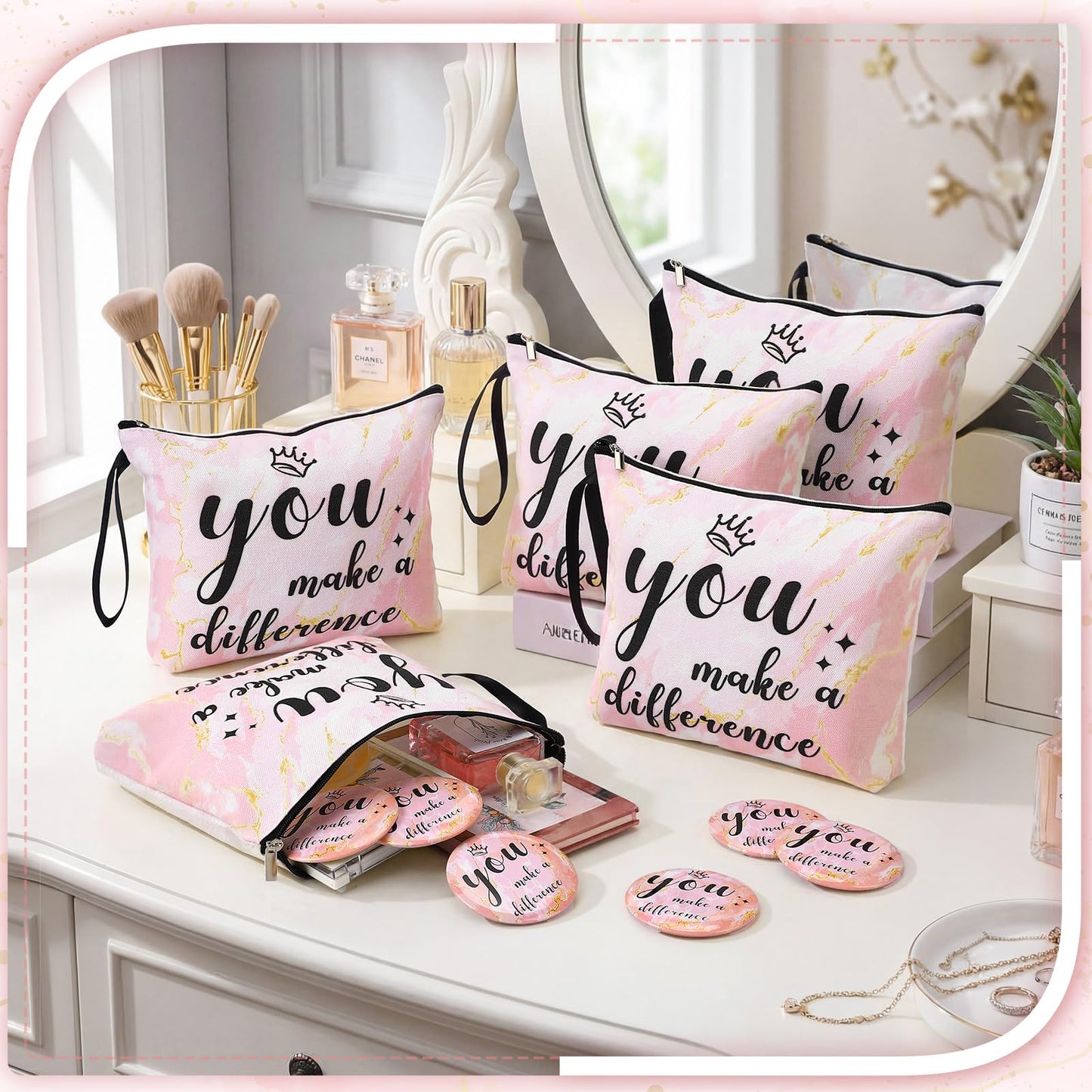 Xuniea 24 Pcs Employee Appreciation Gifts for Women 12 Motivation Canvas Makeup Bags 12 Pocket Mirror Inspirational Thank You Gifts for Teacher Mother's Day Nurse Team(Make A Difference)