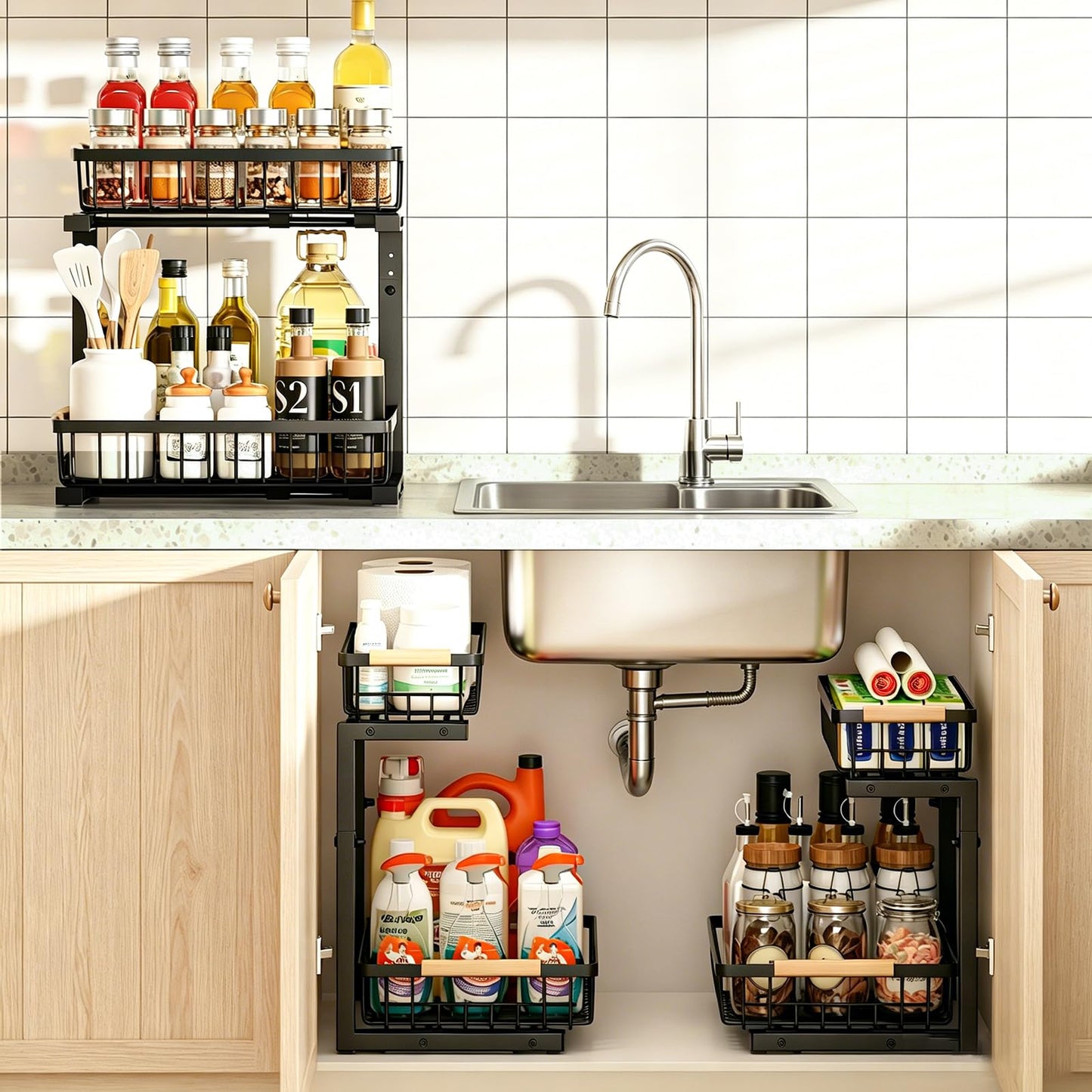 REALINN Under Sink Organizer, 2 Pack Height Adjustable Under Sink Organizers and Storage, 2 Tier Pull Out Drawer Cabinet Storage for Kitchen Bathroom