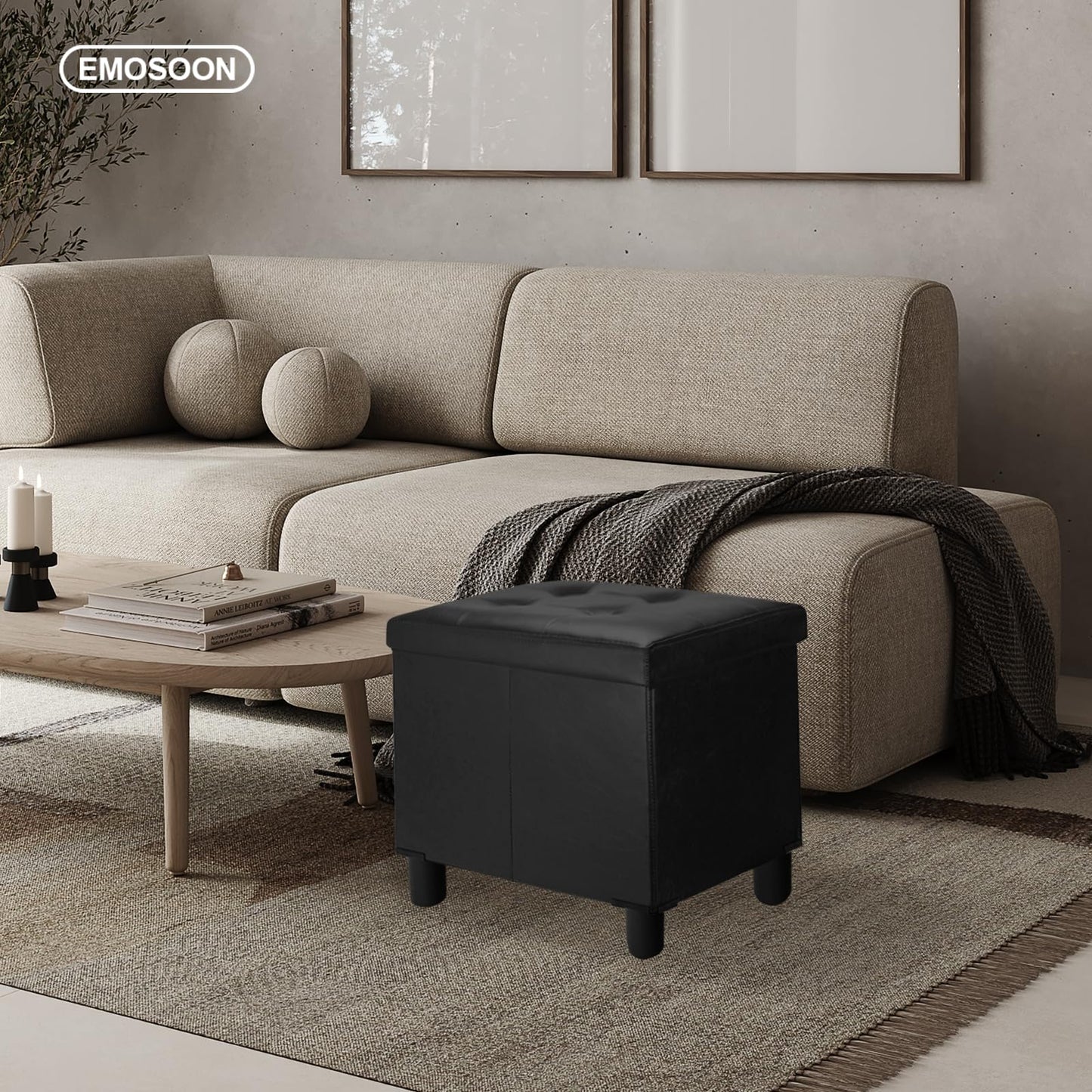 Emosoon 18 Inches Cube Storage Ottoman, Faux Leather Collapsible Square Folding Ottoman Furniture with Storage for Living Room Bedroom, Foot Rest Foot Stool with Legs, Black 18x18x18 Inches