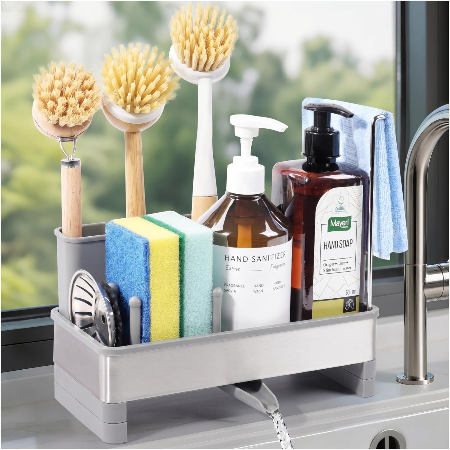 Ouletoy Kitchen Sink Caddy Organizer, Stainless Steel Sponge Holder, Kitchen Caddy Sink Organizer with Dish Brush Holder and Dishcloth Rack, Rustproof Dish Sponge Drying Rack for Countertop Storage