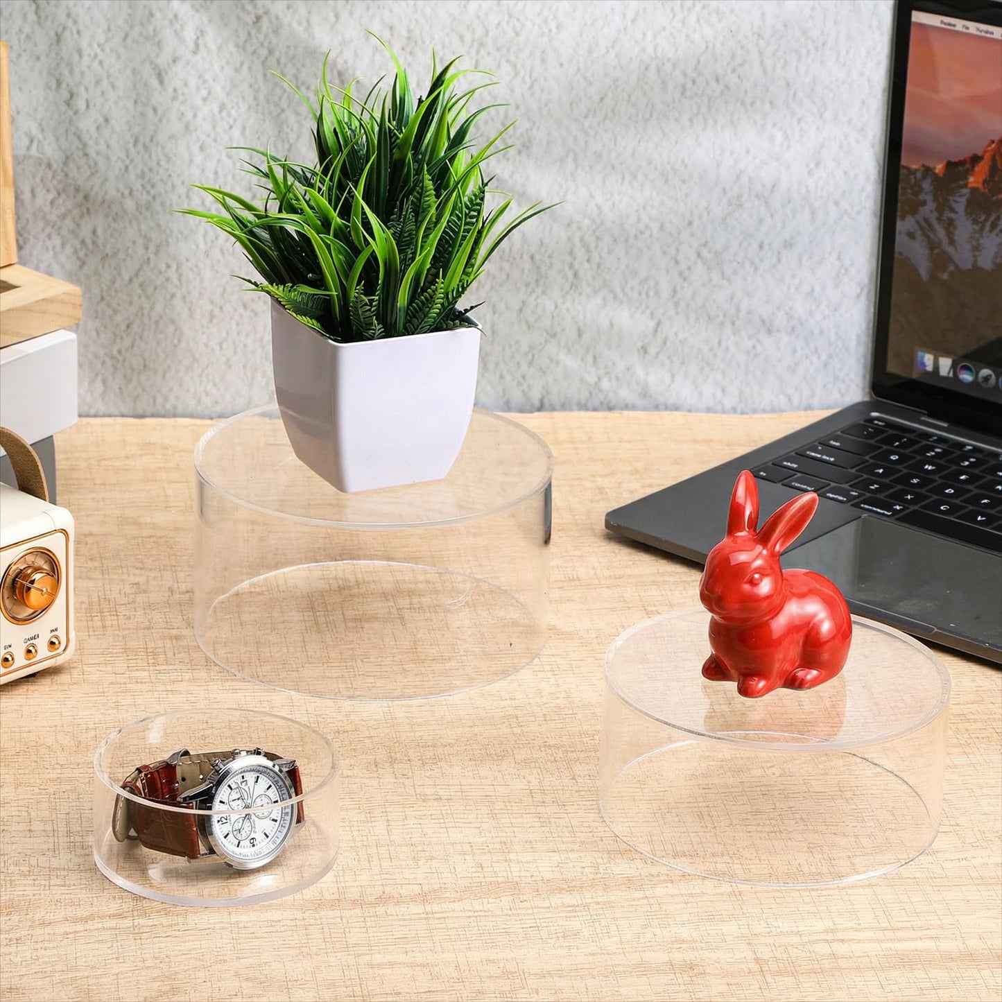 Xaajooio 6 Pcs Acrylic Display Risers, Clear Round Nesting Pedestal Stands with Hollow Bottom, 3 Sizes 5.91'' 5.12'' 3.54'' for Jewelry Dessert Buffet and Party Display