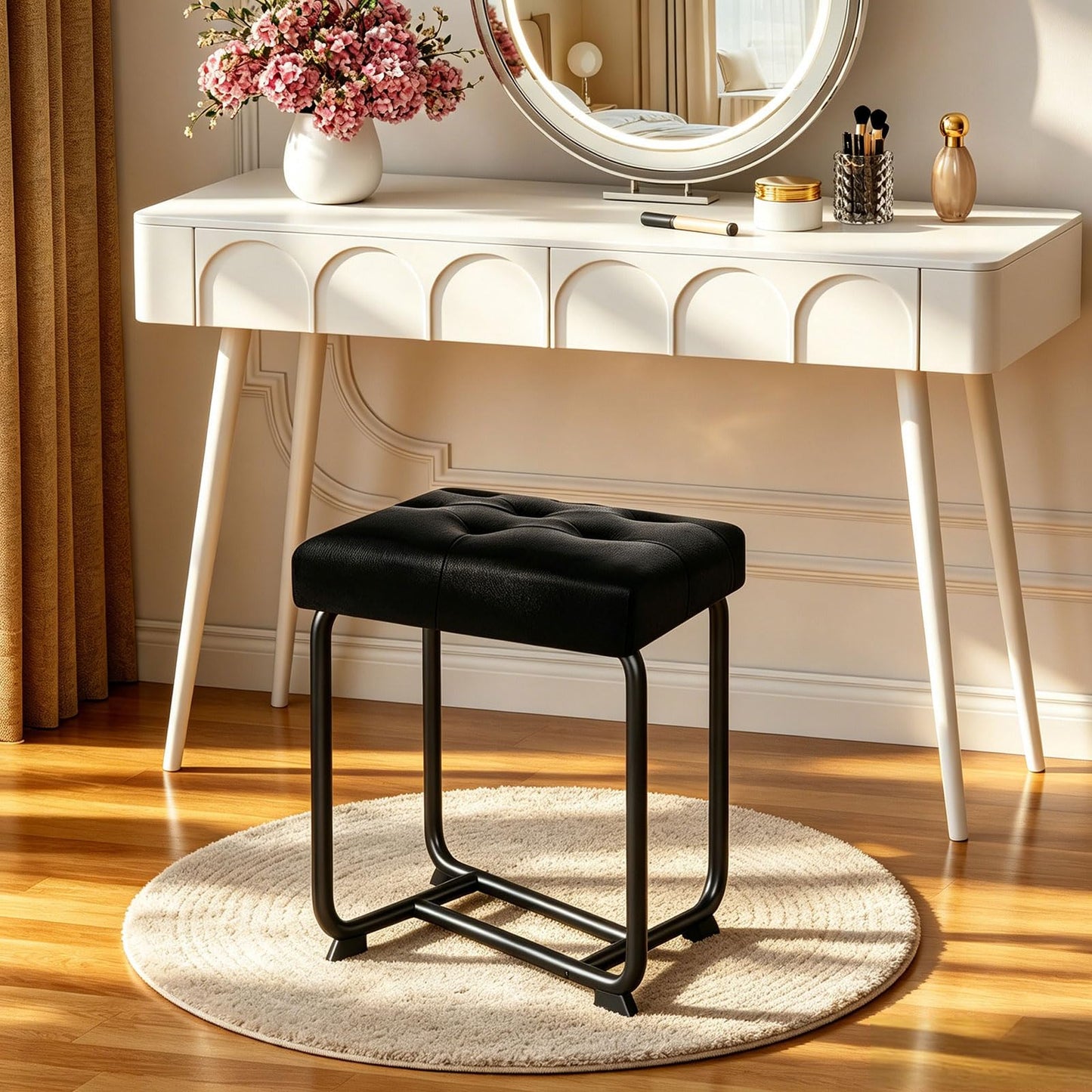 BEWISHOME Black Vanity Stool, Leather Vanity Stool, Small Stool Chair for Vanity, Square Ottoman Foot Stool, Makeup Vanity Chairs with Thick Padded Seat for Bathroom, Bedroom, Entryway, KFD01B