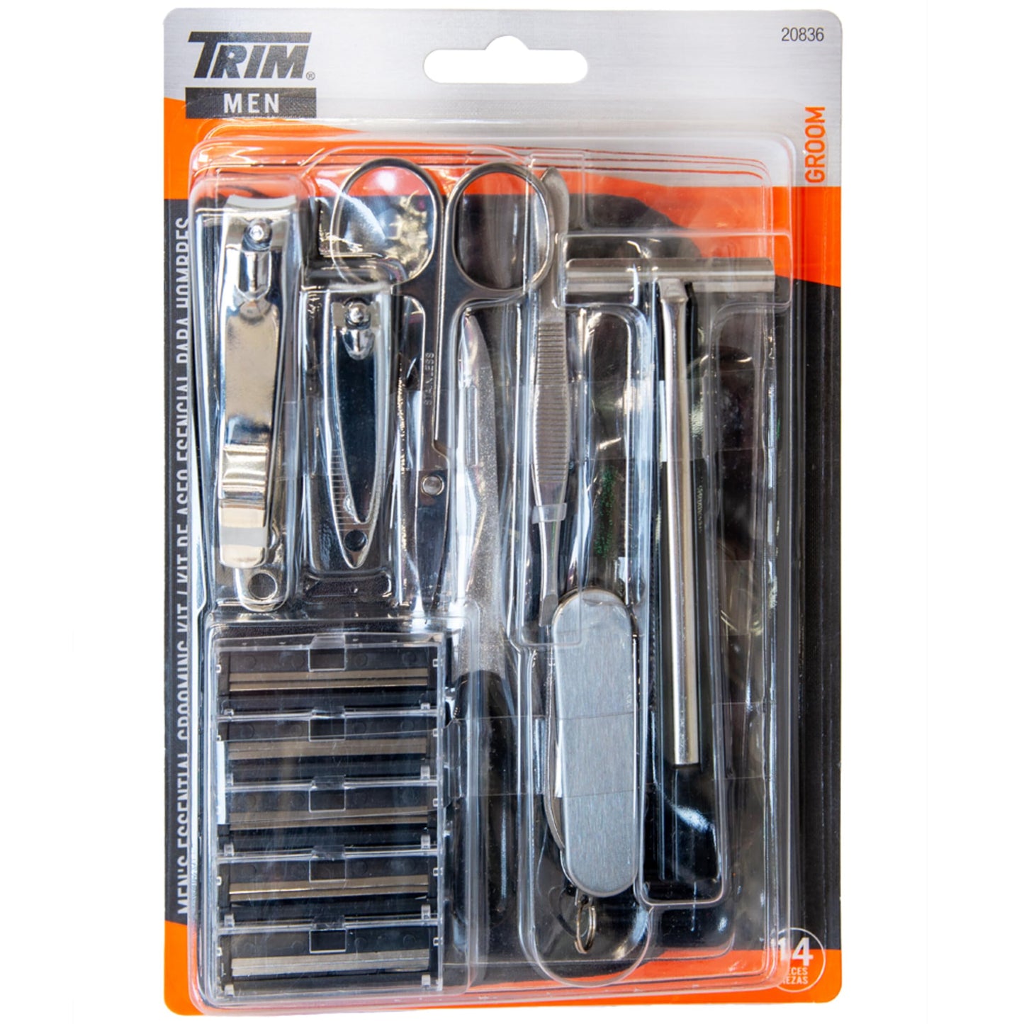 Trim Men Men's Essential Grooming Kit, Travel Set, Nail Clippers Fingernails & Toenails, Hair Styling Comb, Face Razor, Beard Trimming Scissors, On The Go Carrying Case, 14 Piece Set
