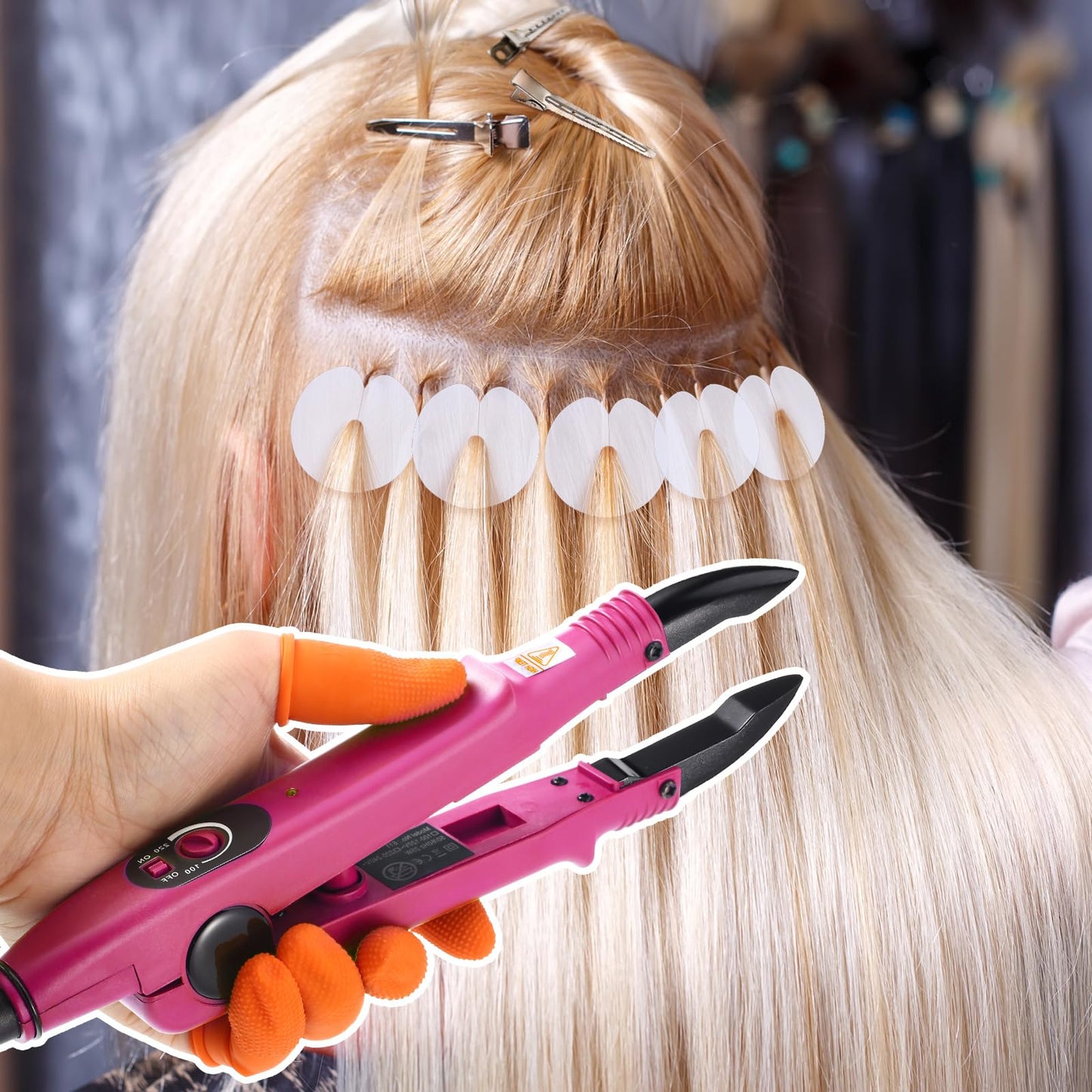 Keratin Hair Extension Kit: Heat Iron, Keratin Glue Granules, Protector Templates, Hair Clips, and Finger Protector(Pink)