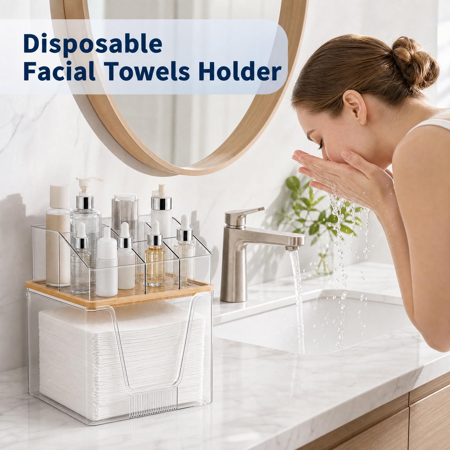 Disposable Facial Towel Holder Compatible with Clean Skin Club Face Towels XL, 2 Tier Clear Cosmetic Storage Box with Bamboo Lid, Skincare Organizers for Vanity Bathroom Countertop, 1 Pack