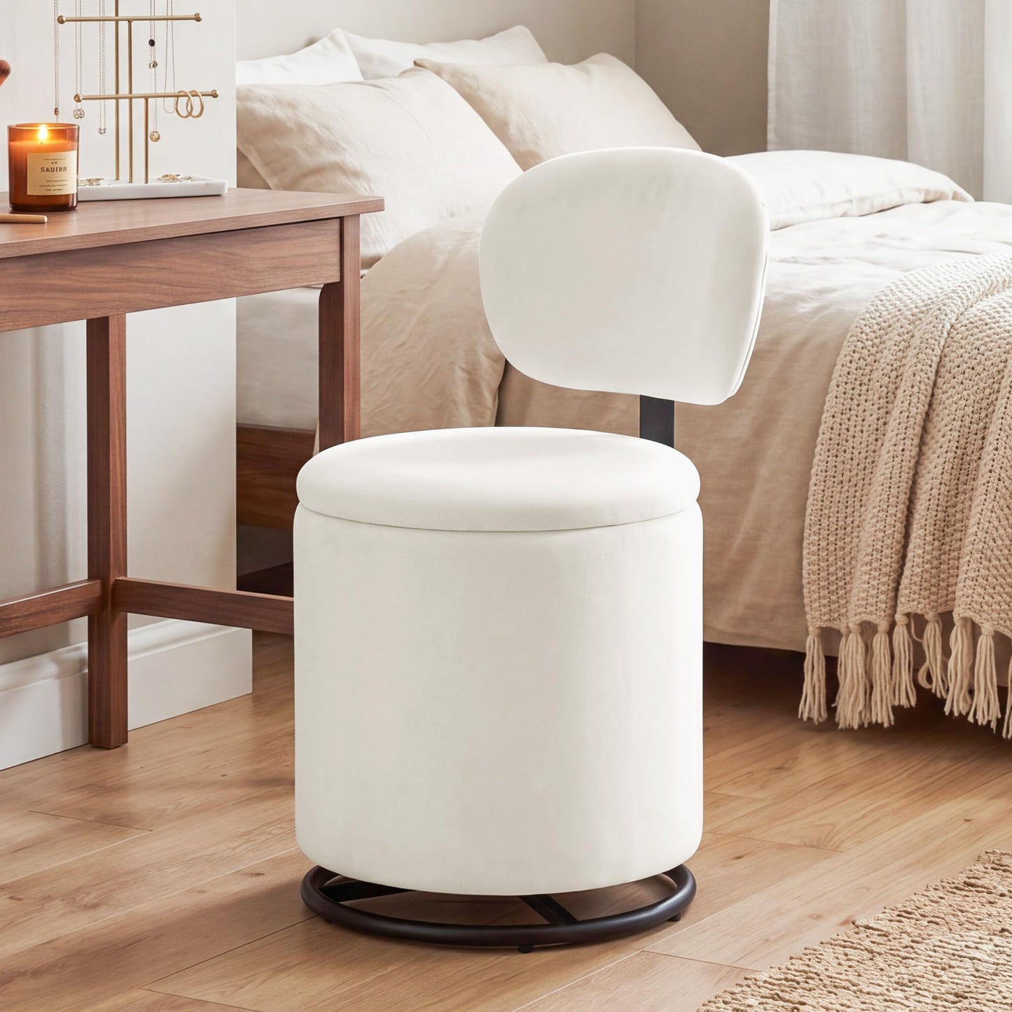 LIVELYGLOW White Velvet Swivel Vanity Chair with Storage Makeup Stool