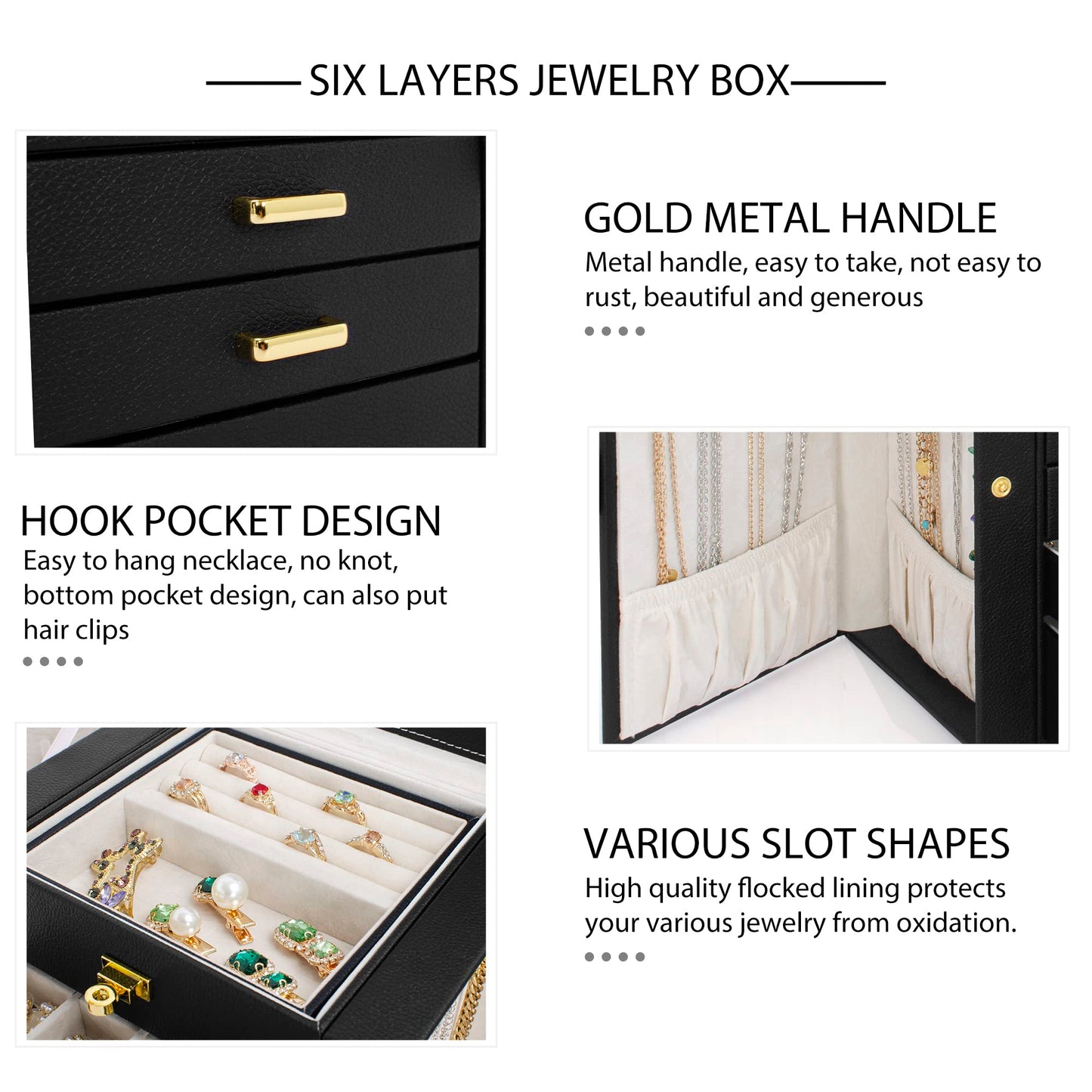 AKOZLIN 6-Tier Jewelry Box Organizer Functional 5 Drawers Leather Jewelry Storage Case for Women Girls Ring Necklace Earring Bracelet Holder Organizer with Mirror Black Regular