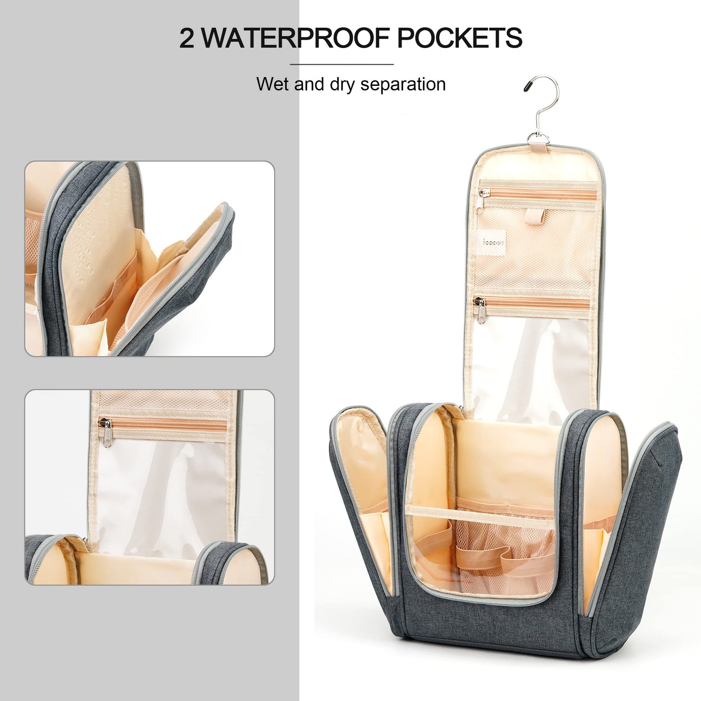 Hanging Travel Toiletry Bag for Women and Men, 6 Organizer Compartments, Extra Large Toiletries Bag, Bathroom Cosmetic Bag, Water-resistant Makeup Bag, Holds Full-Size Shampoo, Grey