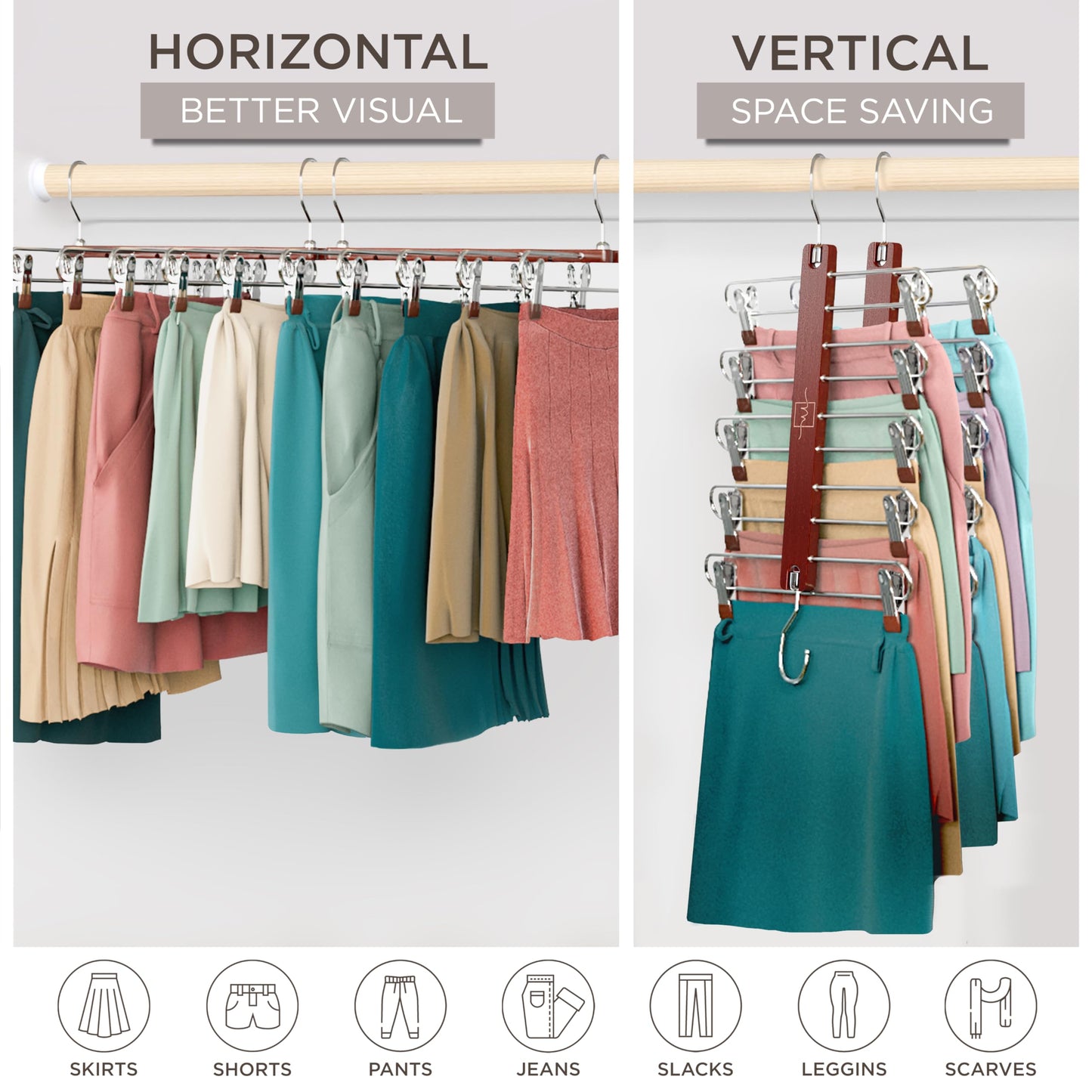 MORALVE Skirt Hangers Space Saving with Clips - 2 Pack - European Beechwood 5-Tier Hanger for Shorts, Skirts, and Pants - Closet Organizer and Storage Solution for Women with 360° Swivel Hook