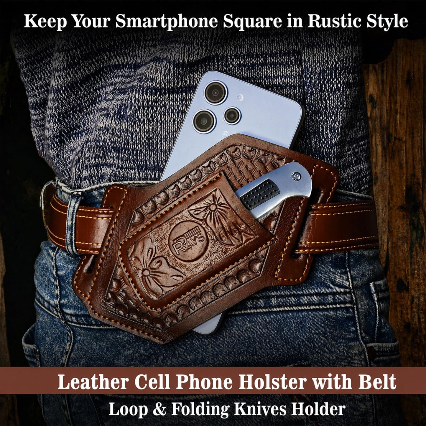 Leather Knife Sheath for Belt Pocket Folding Knife Holder Compact Draw Knifes Carrier EDC Tools Holster (Sheath with Mobile Holster)