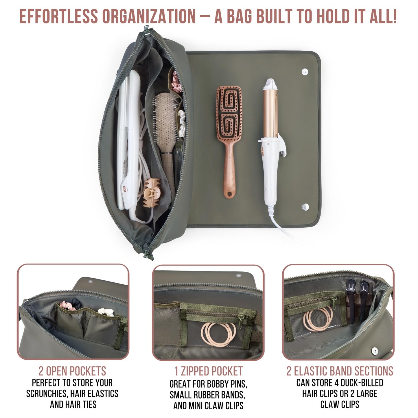 BAREFOOT CARIBOU Hair Tools Travel Bag and Heat Resistant Mat (15.5") for Flat Irons, Straighteners, Curling Iron, Haircare Accessories, 2-in-1 design, Interior Pockets, Portable Organizer (Olive)