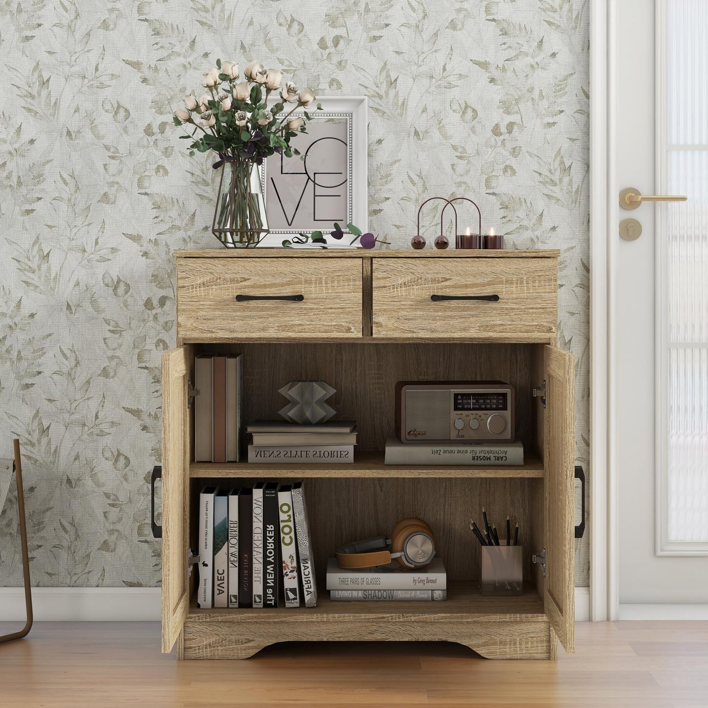 Panana Sideboard 2 Drawers 2 Doors Entryway Storage Cabinet Living Room Organizer Farmhouse Style Wooden Kitchen Cupboard (Nature)
