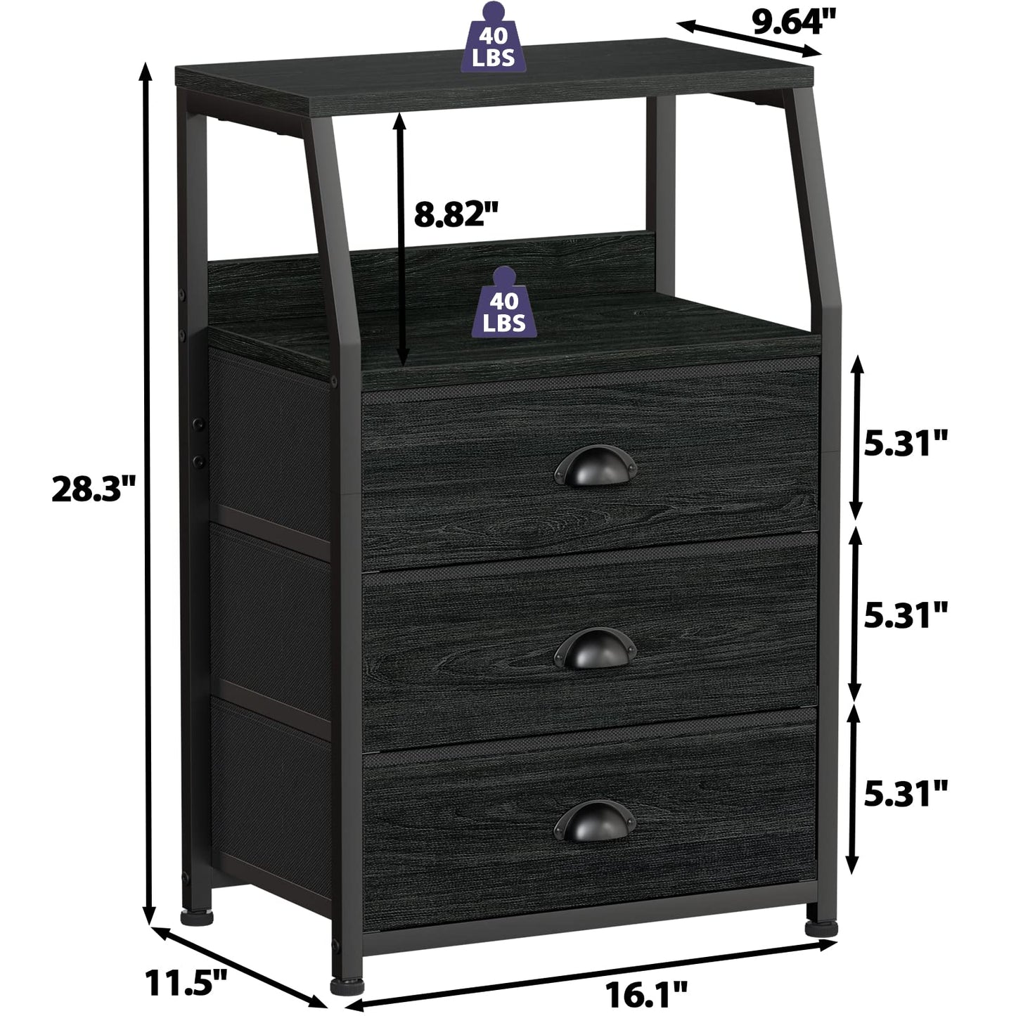Furnulem Black Night Stand, Small Dresser for Bedroom, Nightstand with 3 Fabric Storage Drawers and 2-Tier Shelf, End Table Side Furniture for Closet, Hallway, Nursery, Sturdy Steel Frame, Wood Top