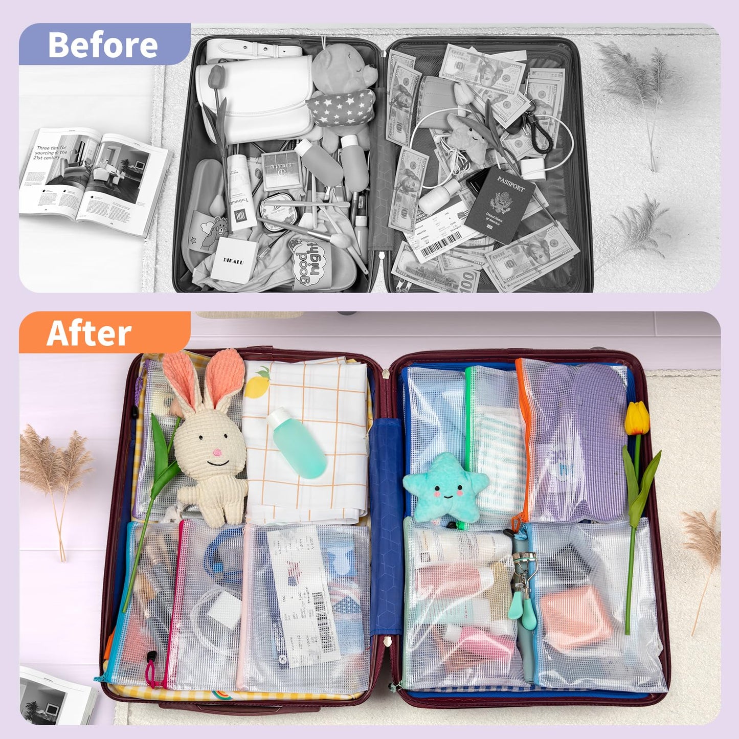 Umriox 24PCS Small Zipper Pouch, 9.5 x 7.1 in, Mesh Bags for Storage, Zipper Bags for Office Supplies, Receipts, Cosmetics Travel Toiletries