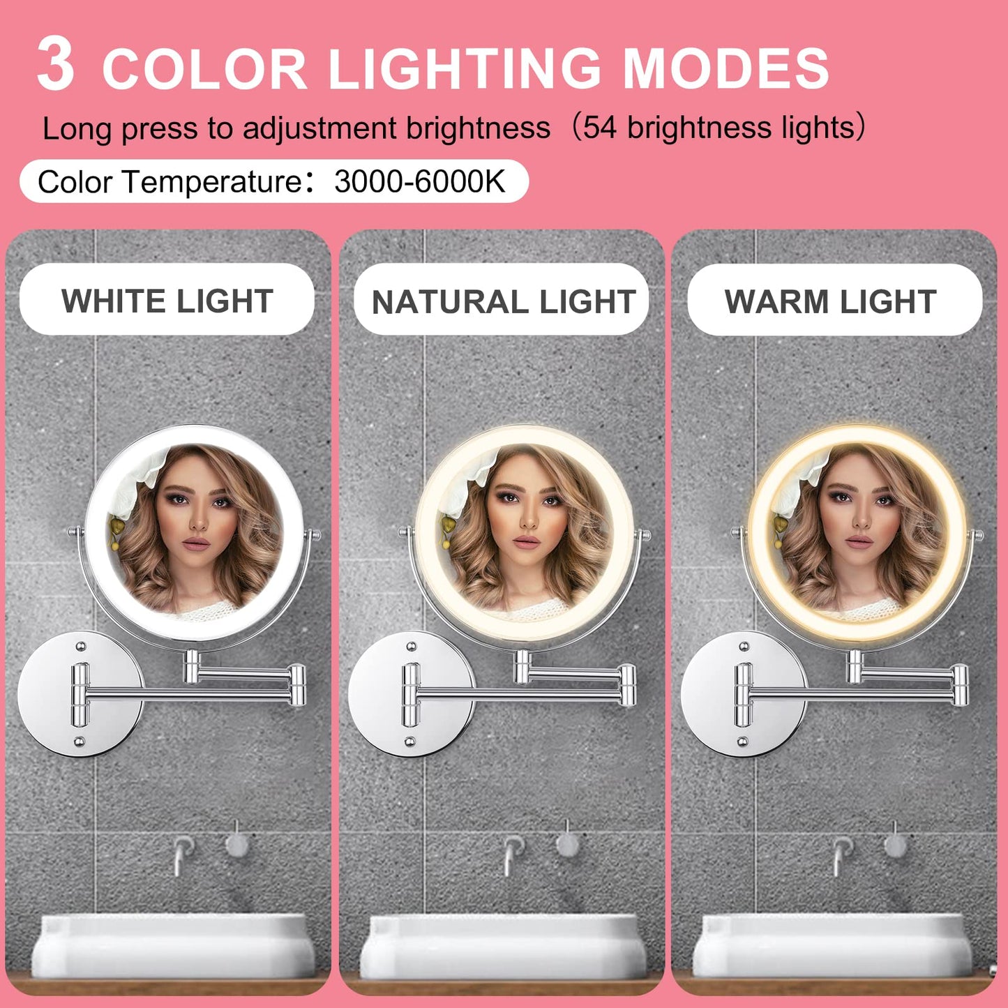 FFowcye 8" LED Wall Mounted Makeup Mirror, 1X/10X Magnifying Vanity Mirror with 3 Color Modes, 2000mAh Rechargeable 360° Swivel Extendable Arm, Polished Chrome for Bathroom Makeup, Shaving, Skincare