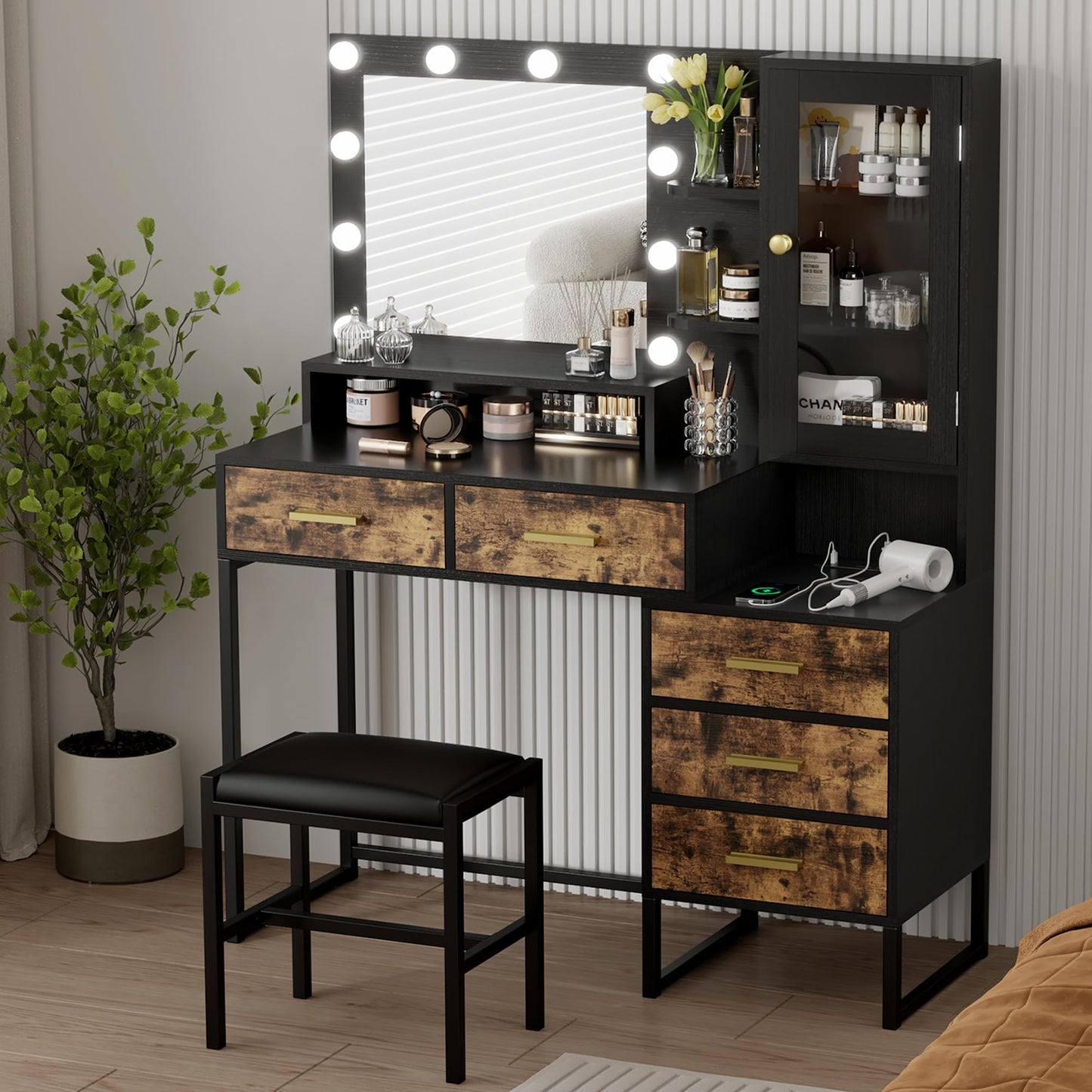 IDEALHOUSE Vanity Desk with Mirror and Lights, 43" Makeup Vanity Set with Stool, LED Lighted Mirror with 10 Bulbs, Drawers, Shelves & Charging Station, Dressing Table with Chair for Bedroom, Black