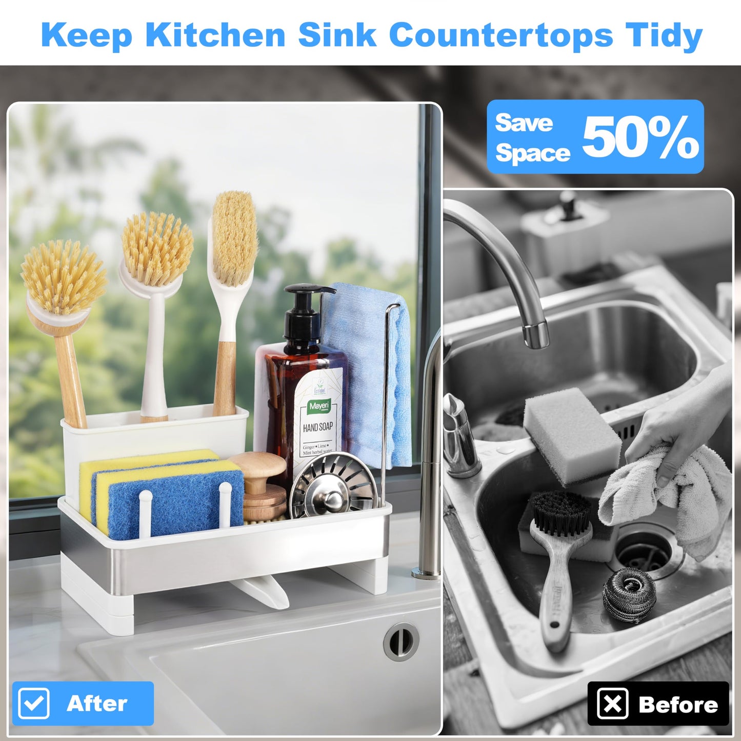 Ouletoy Kitchen Sink Caddy Organizer, Stainless Steel Sponge Holder, Kitchen Caddy Sink Organizer with Dish Brush Holder and Dishcloth Rack, Rustproof Dish Sponge Drying Rack for Countertop Storage