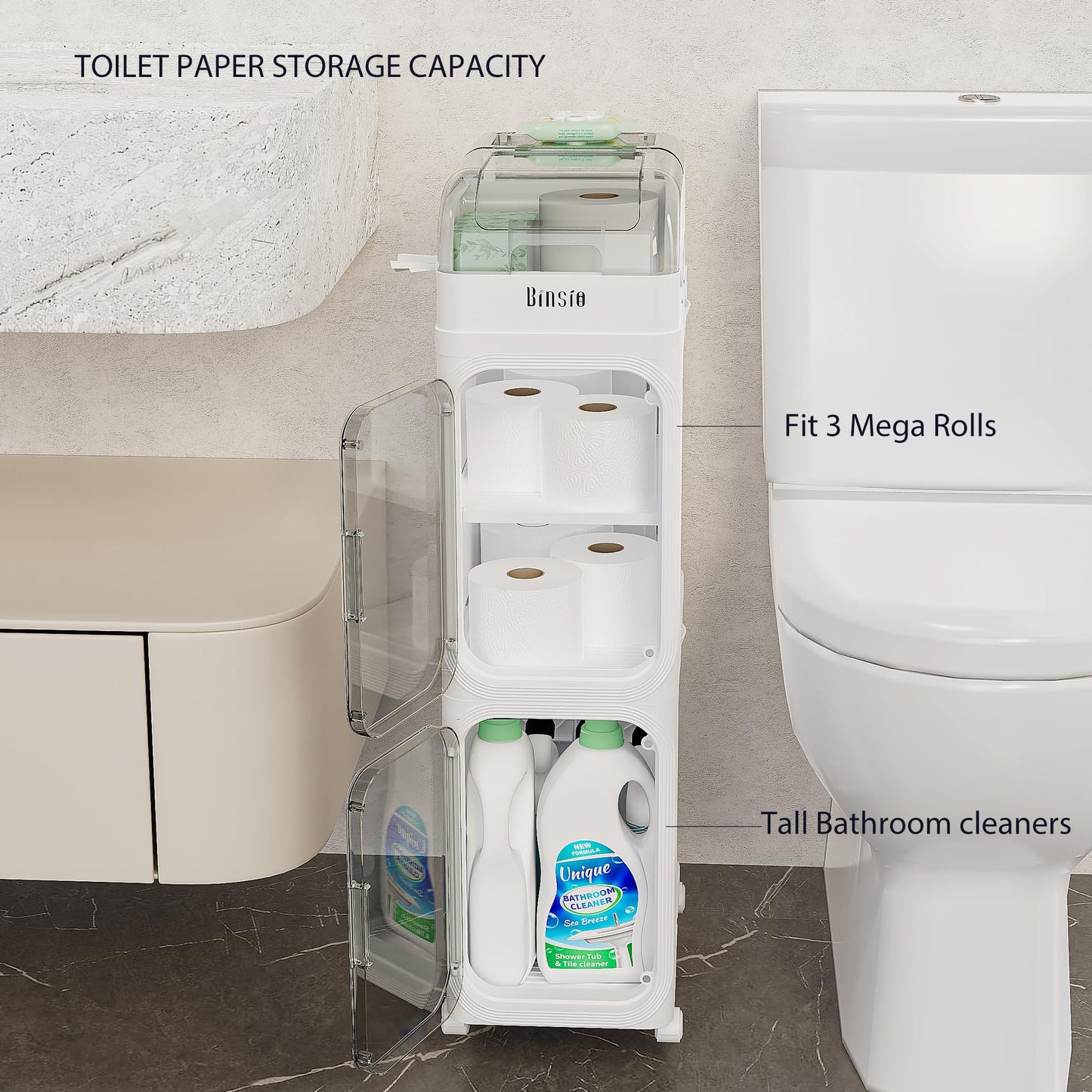 BINSIO 3-Tier Slim Bathroom Storage Cabinet for Toilet Side, Toilet Paper Storage Organizer, Narrow Rolling Bathroom Storage Cabinet with Transparent Doors for Small Space, Foldable Easy Assembly