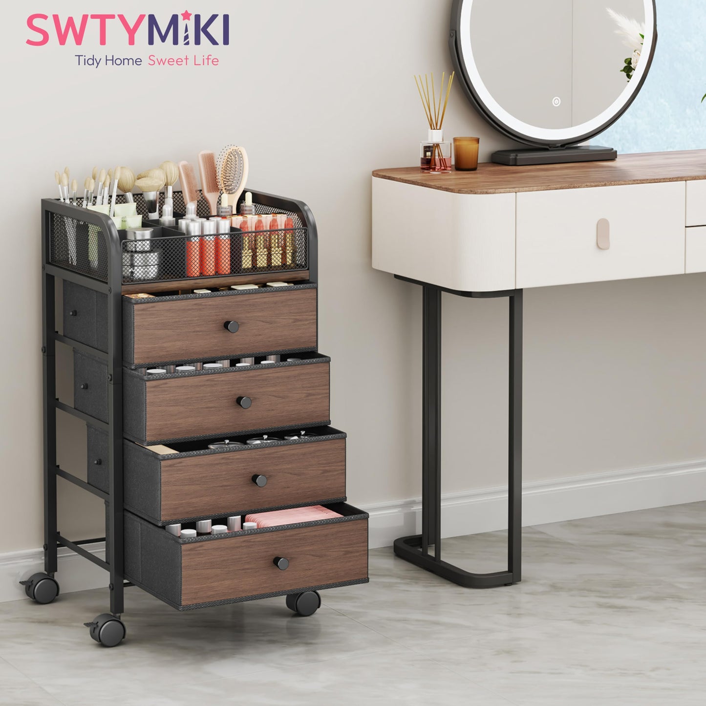 SWTYMIKI Rolling Makeup Organizer Cart - 14.96″*11.81″*27.55″ Widened Under Desk Vanity Storage with 4 Non-woven Drawers, Cosmetic Display Cases for Skin Care Perfume Nail Polish Brush Hair Tool Black