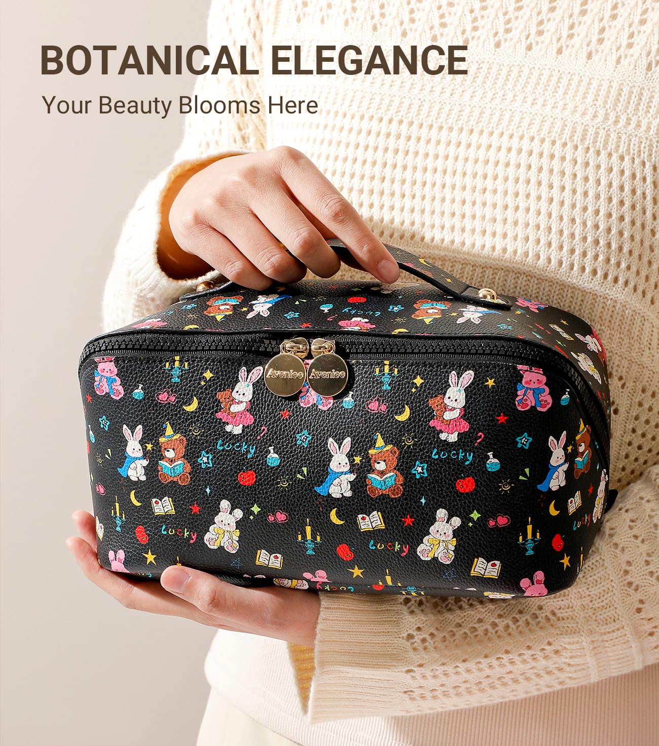 Aveniee Travel Makeup Bag for Women, Large Cosmetic Organizer with Open-Flat Design, Clear Divider & Handle - Waterproof PU Leather Toiletry Case (BunnyPattern)
